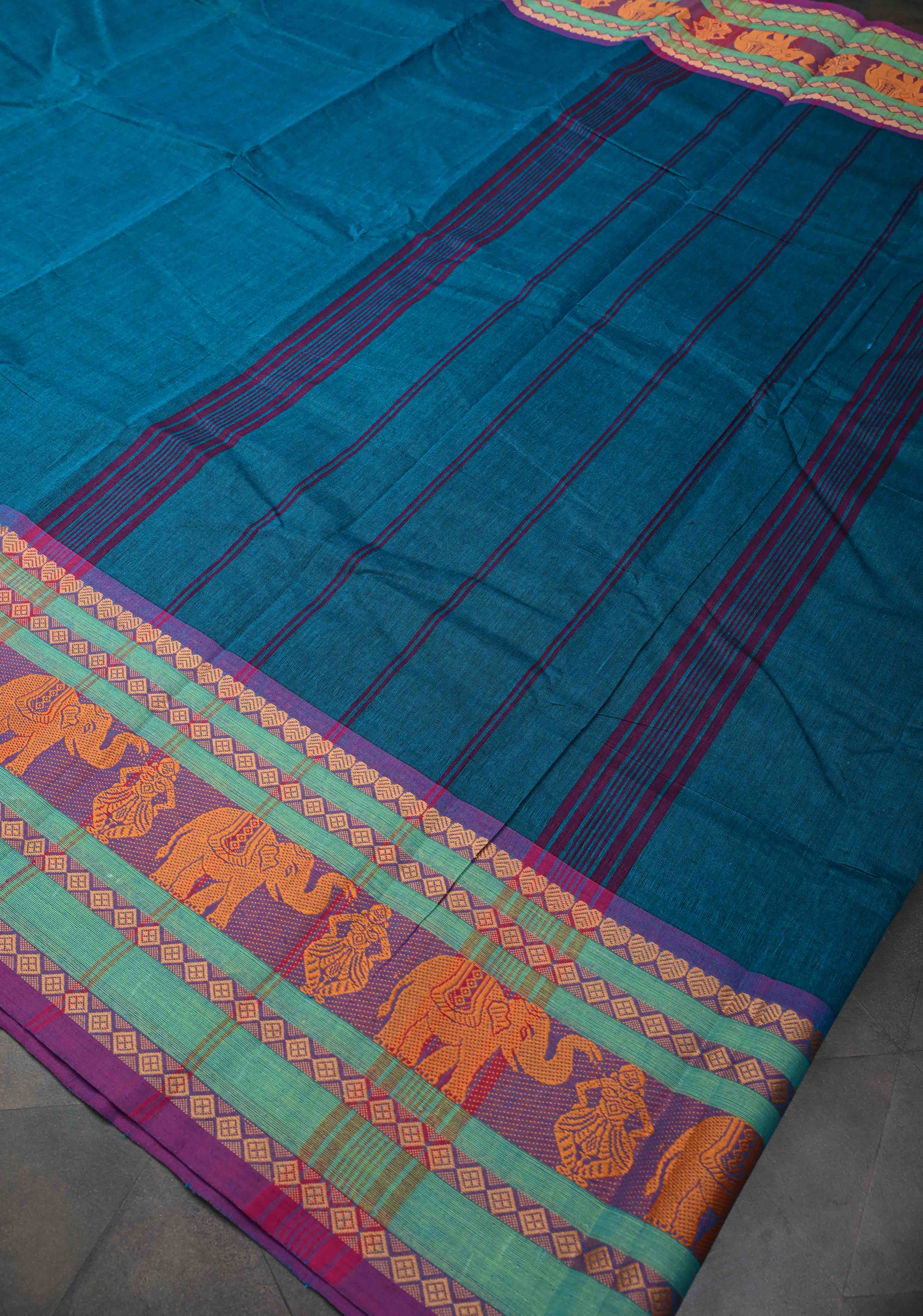 Teal Blue Kanchi Cotton Saree with Contrast Resham Border | No Blouse piece | Shobitam