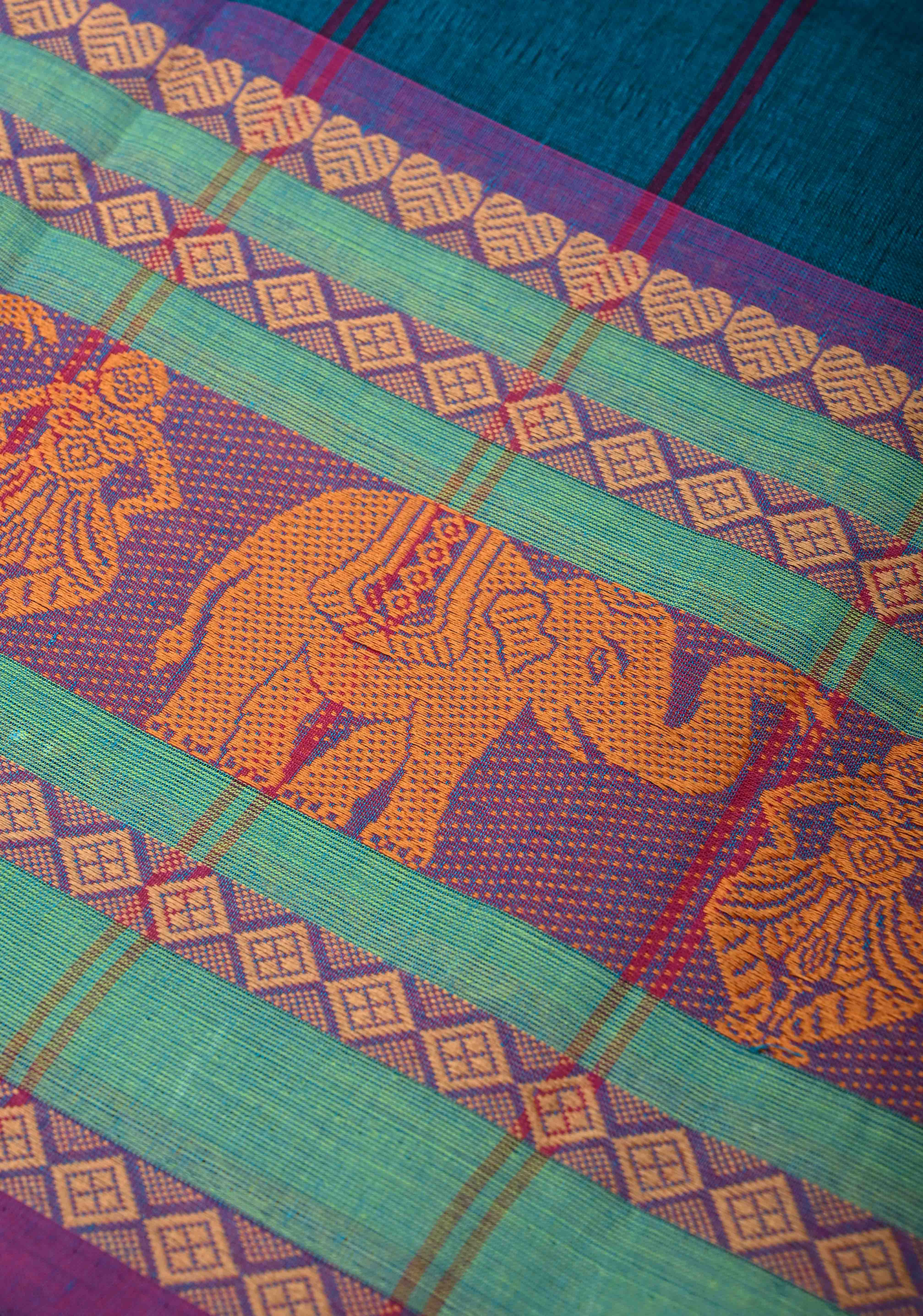 Teal Blue Kanchi Cotton Saree with Contrast Resham Border | No Blouse piece | Shobitam