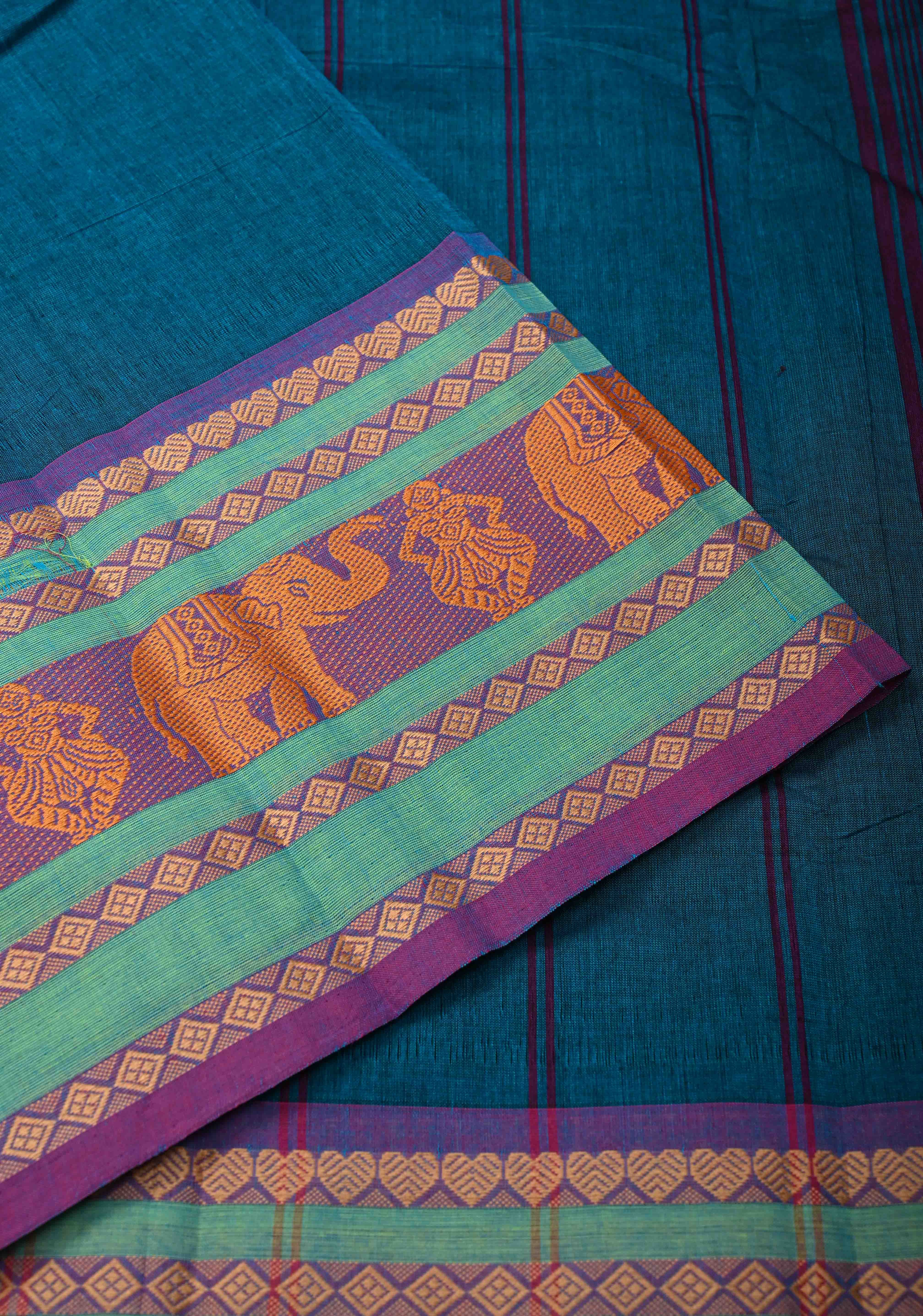 Teal Blue Kanchi Cotton Saree with Contrast Resham Border | No Blouse piece | Shobitam