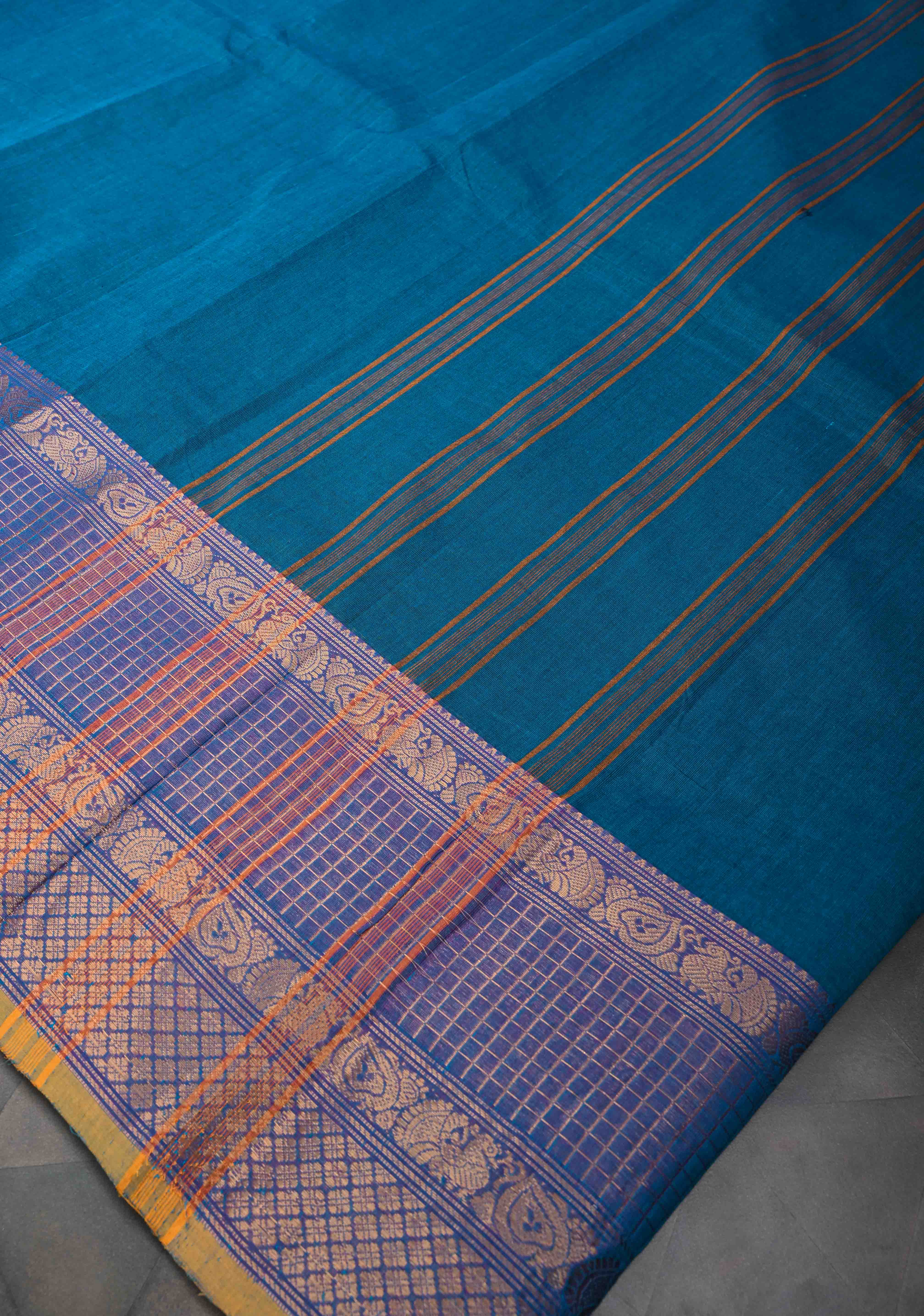 Peacock blue  Kanchi Cotton Saree with checked panel zari border, No Blouse piece | Shobitam