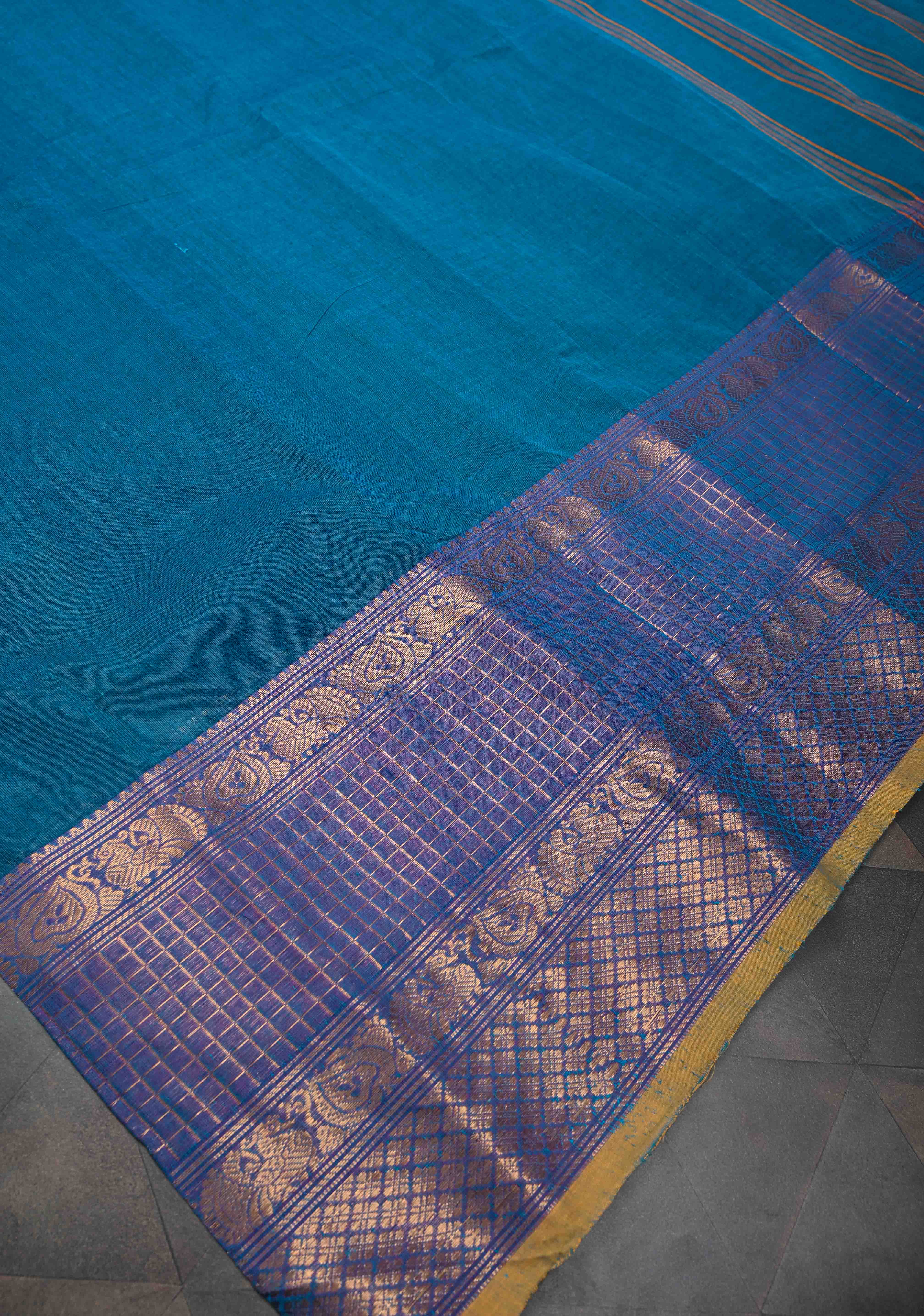 Peacock blue  Kanchi Cotton Saree with checked panel zari border, No Blouse piece | Shobitam