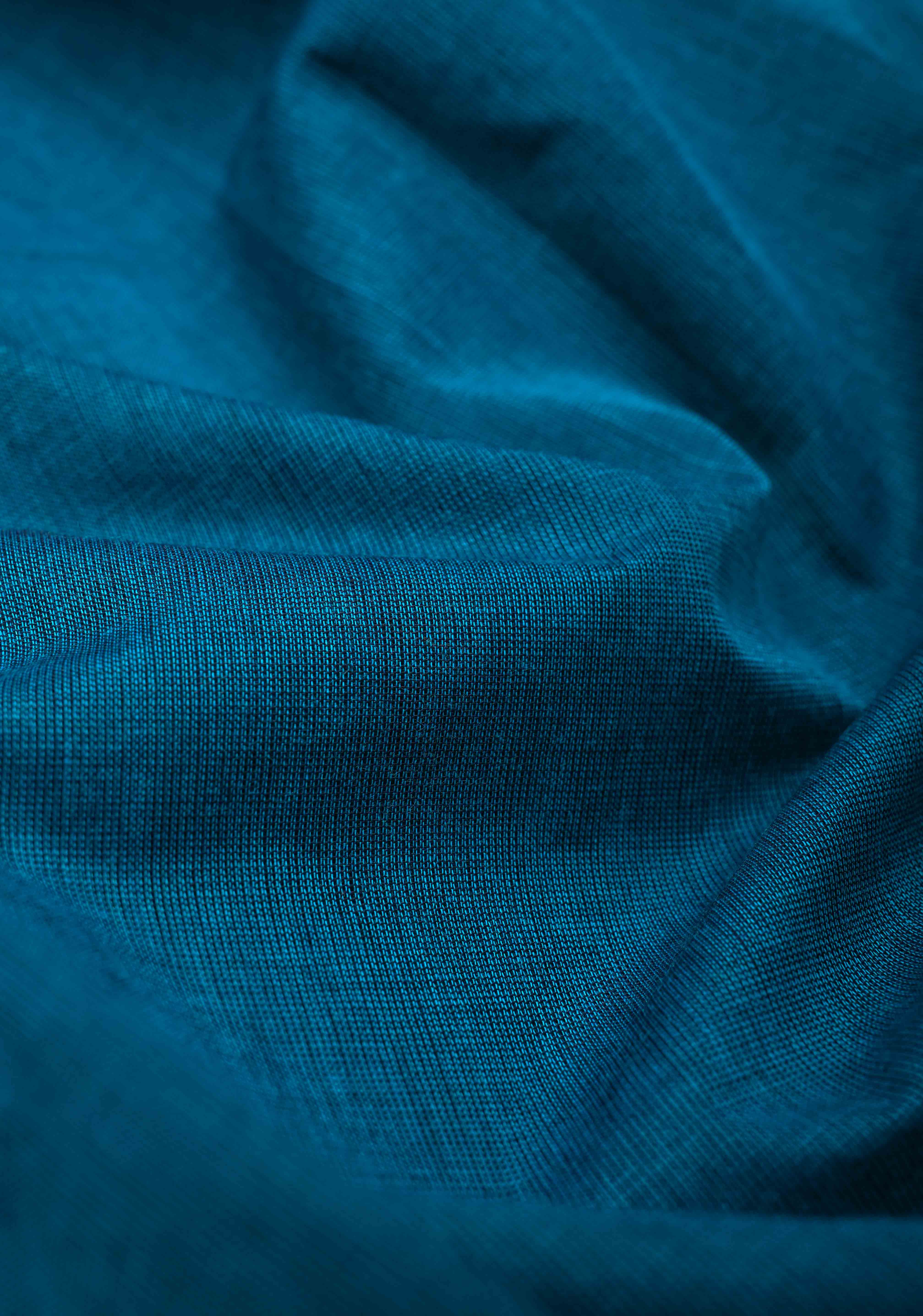 Peacock blue  Kanchi Cotton Saree with checked panel zari border, No Blouse piece | Shobitam
