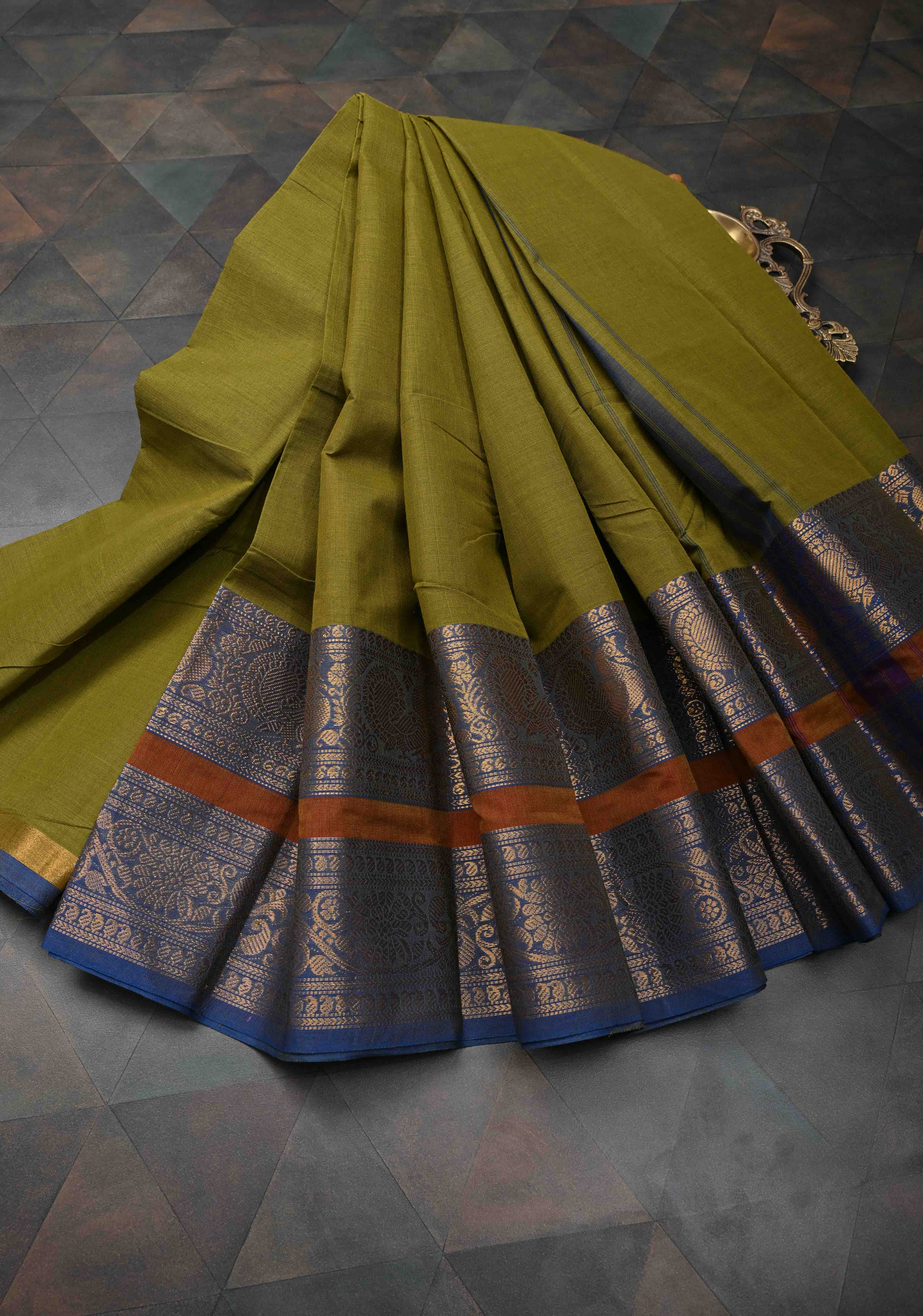 Olive Green Kanchi Cotton Saree with Contrast Zari Border | No Blouse piece | Shobitam