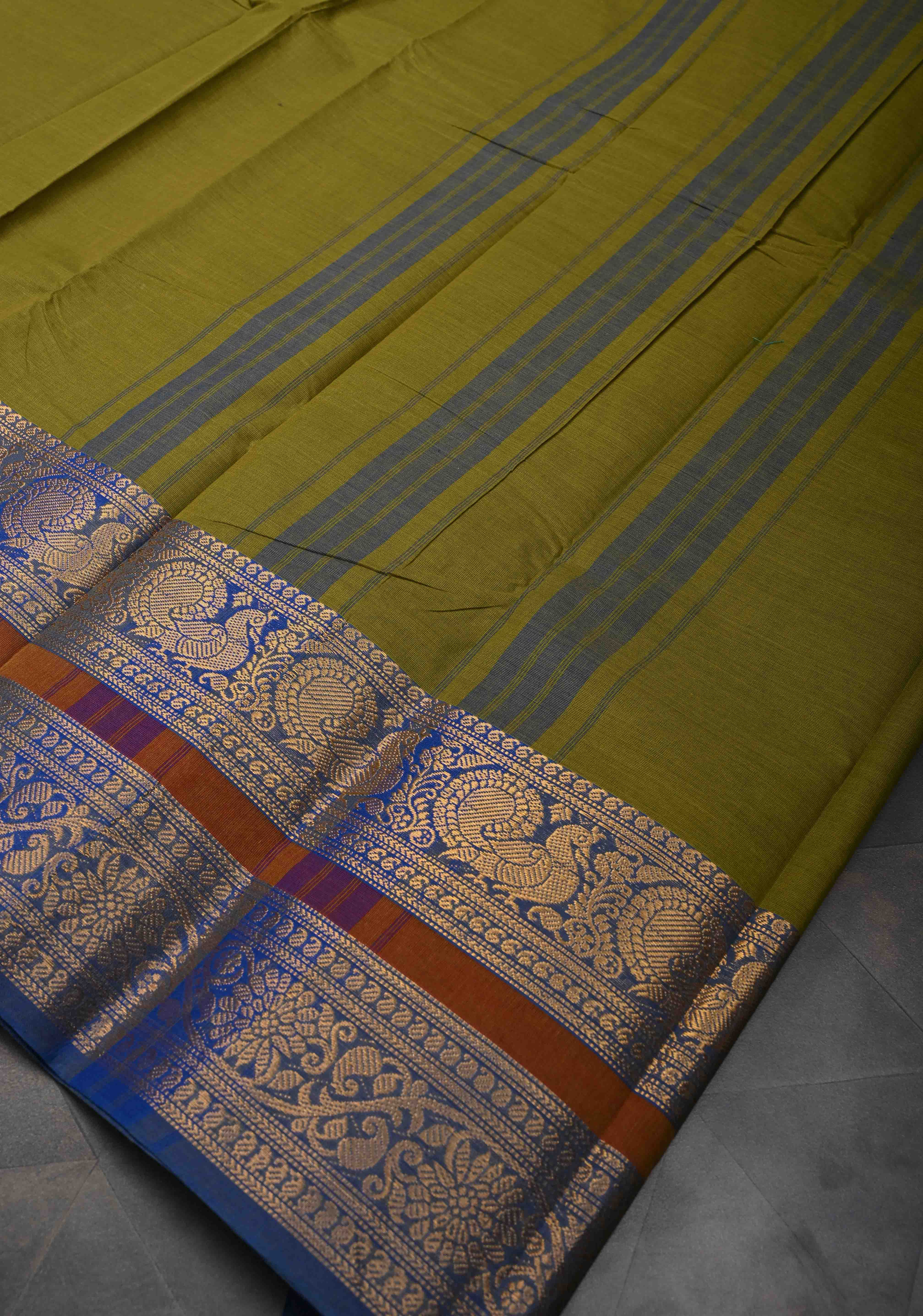 Olive Green Kanchi Cotton Saree with Contrast Zari Border | No Blouse piece | Shobitam
