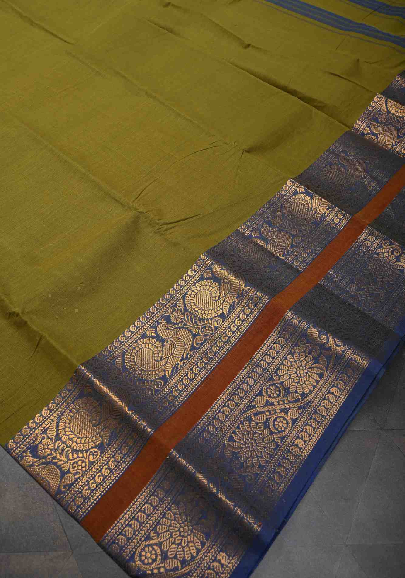 Olive Green Kanchi Cotton Saree with Contrast Zari Border | No Blouse piece