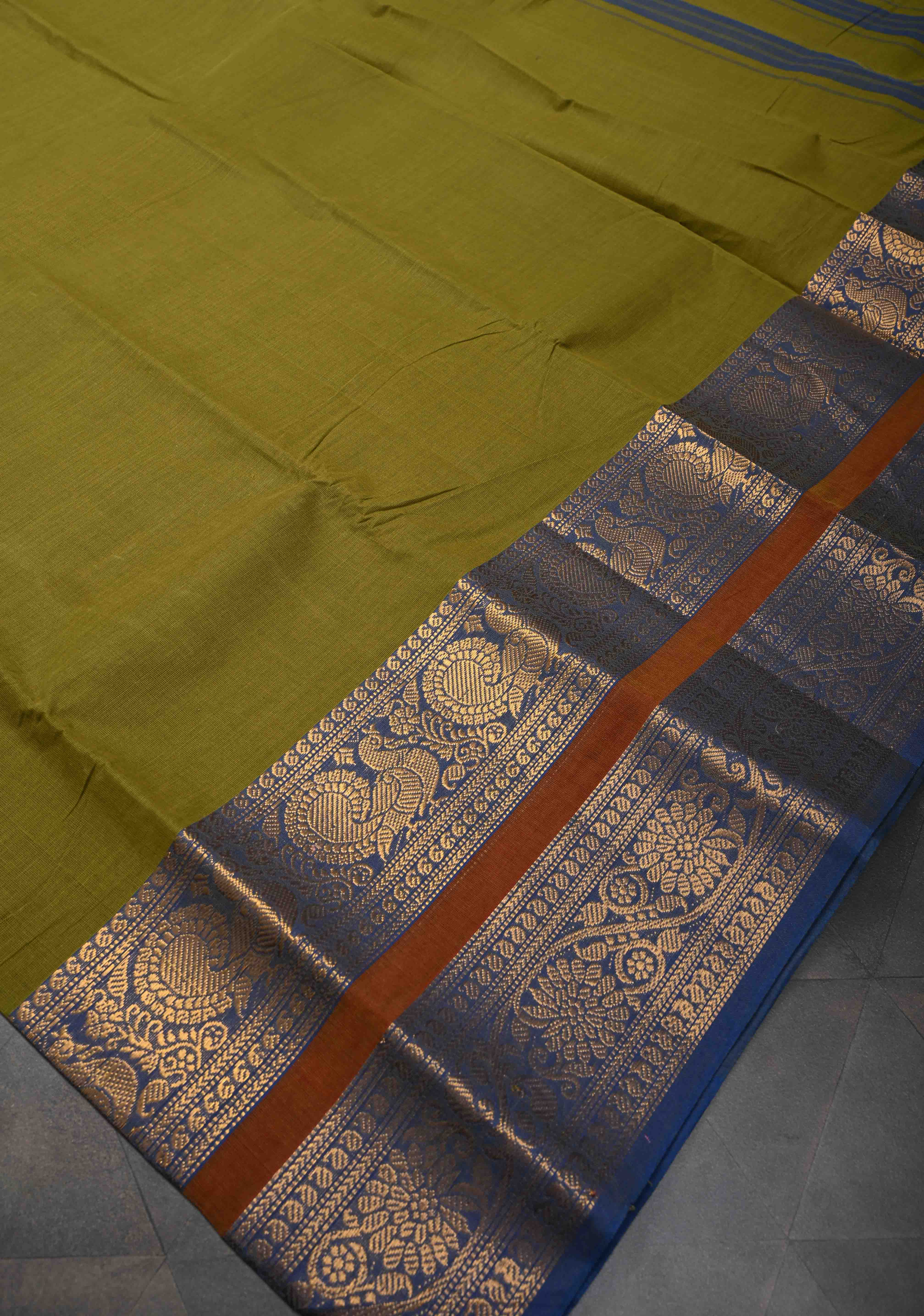 Olive Green Kanchi Cotton Saree with Contrast Zari Border | No Blouse piece | Shobitam