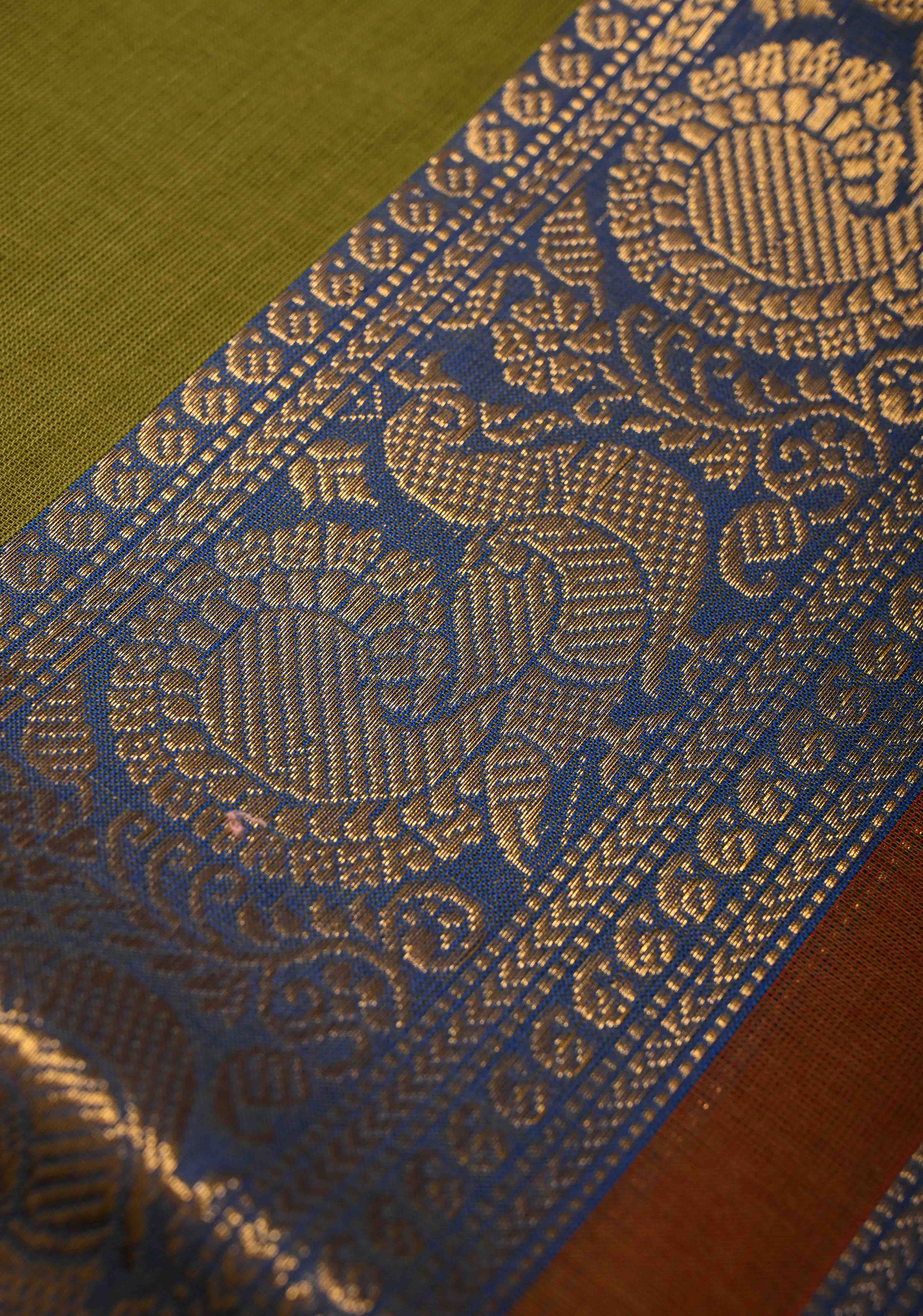 Olive Green Kanchi Cotton Saree with Contrast Zari Border | No Blouse piece | Shobitam