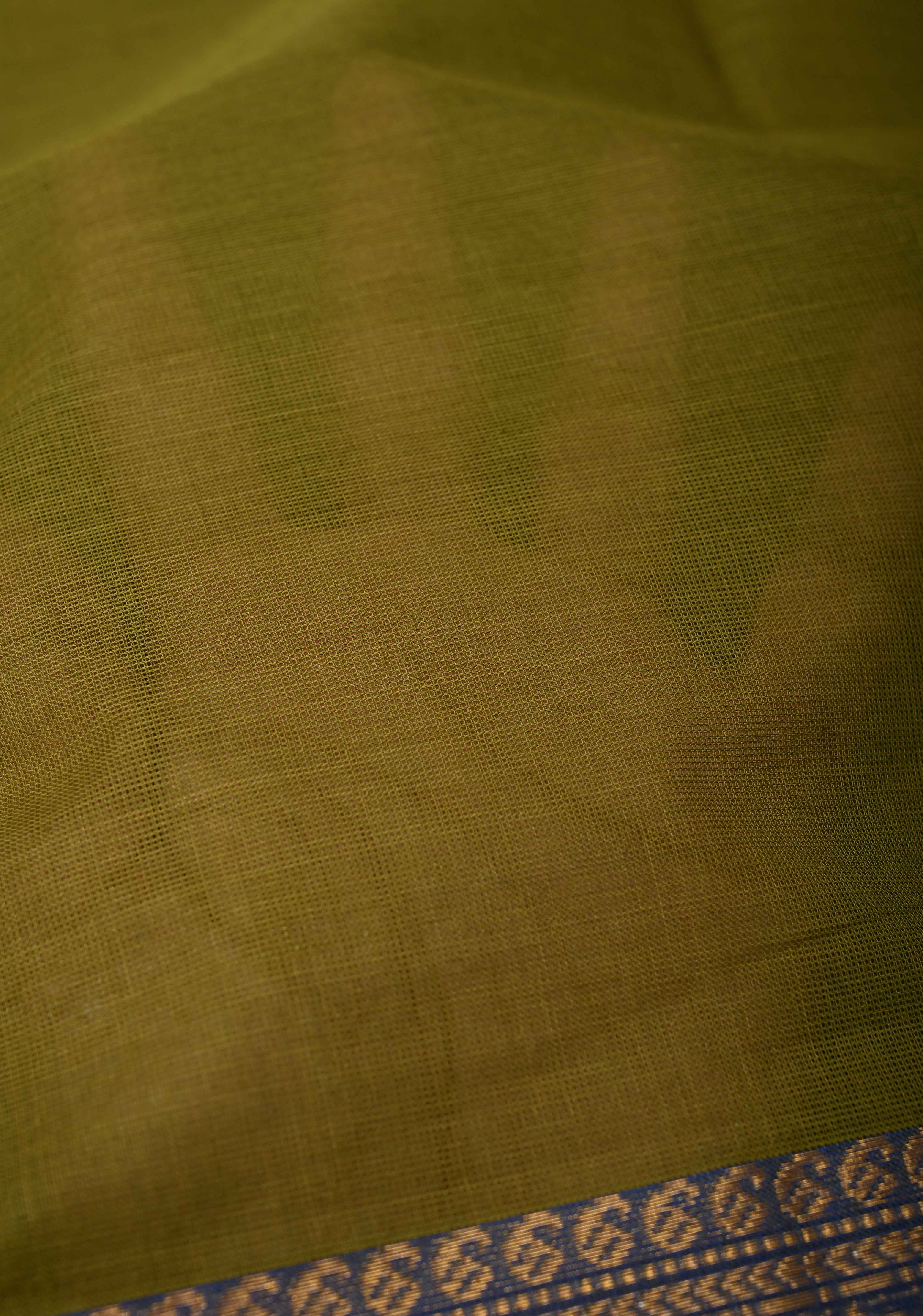 Olive Green Kanchi Cotton Saree with Contrast Zari Border | No Blouse piece | Shobitam