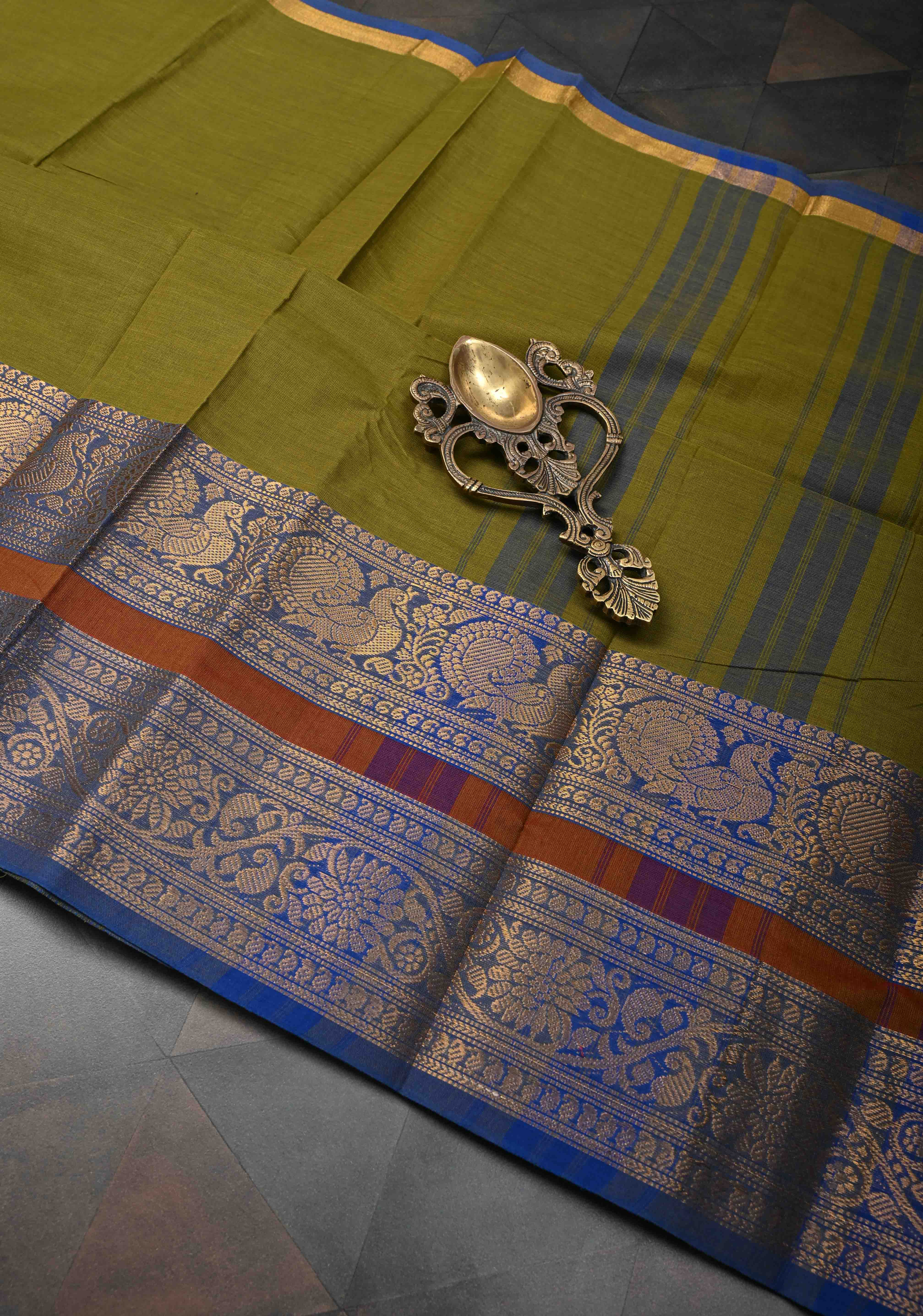 Olive Green Kanchi Cotton Saree with Contrast Zari Border | No Blouse piece | Shobitam