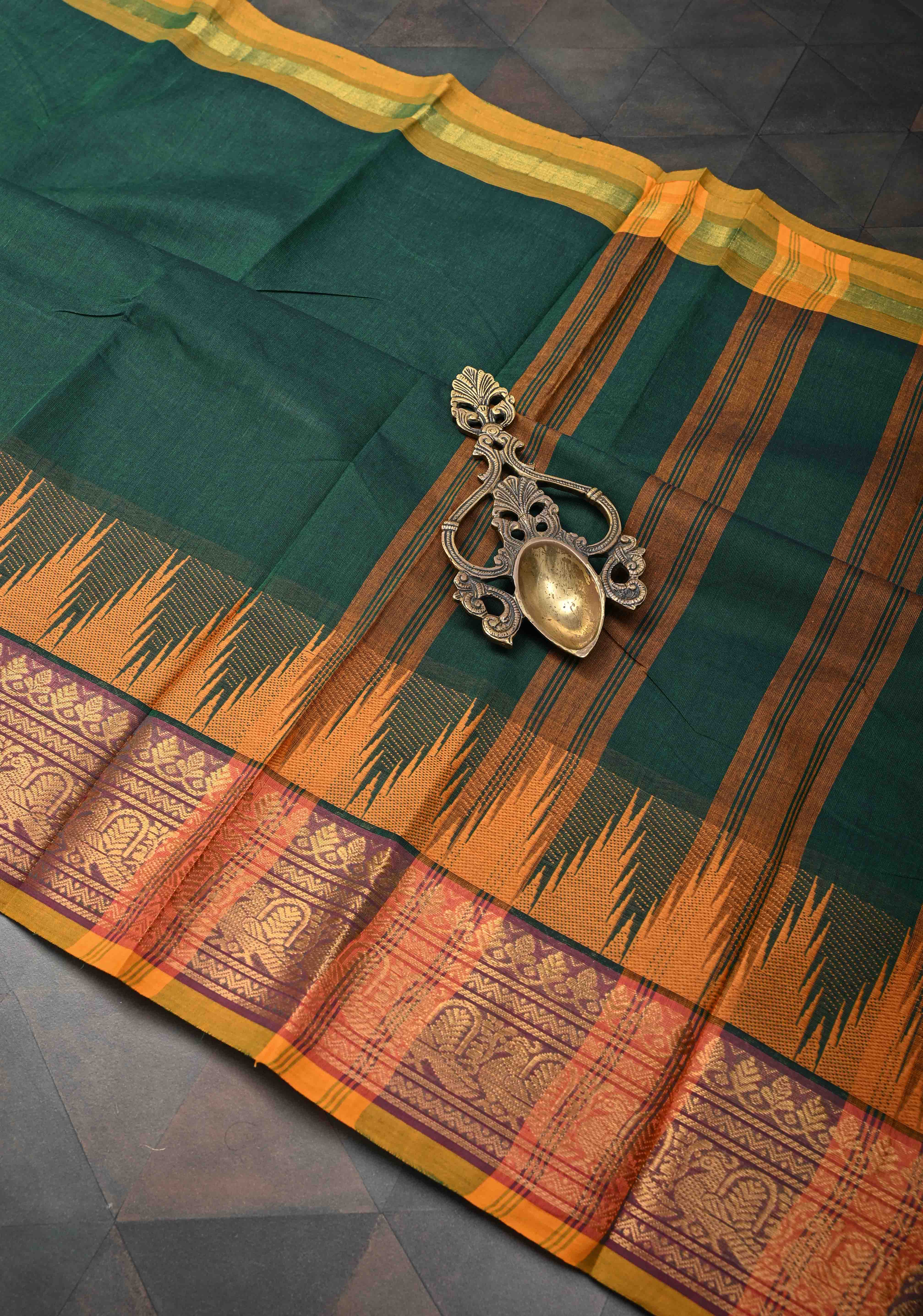 Midnight Moss Kanchi Cotton Saree with Contrast Temple border, No Blouse piece | SHOBITAM