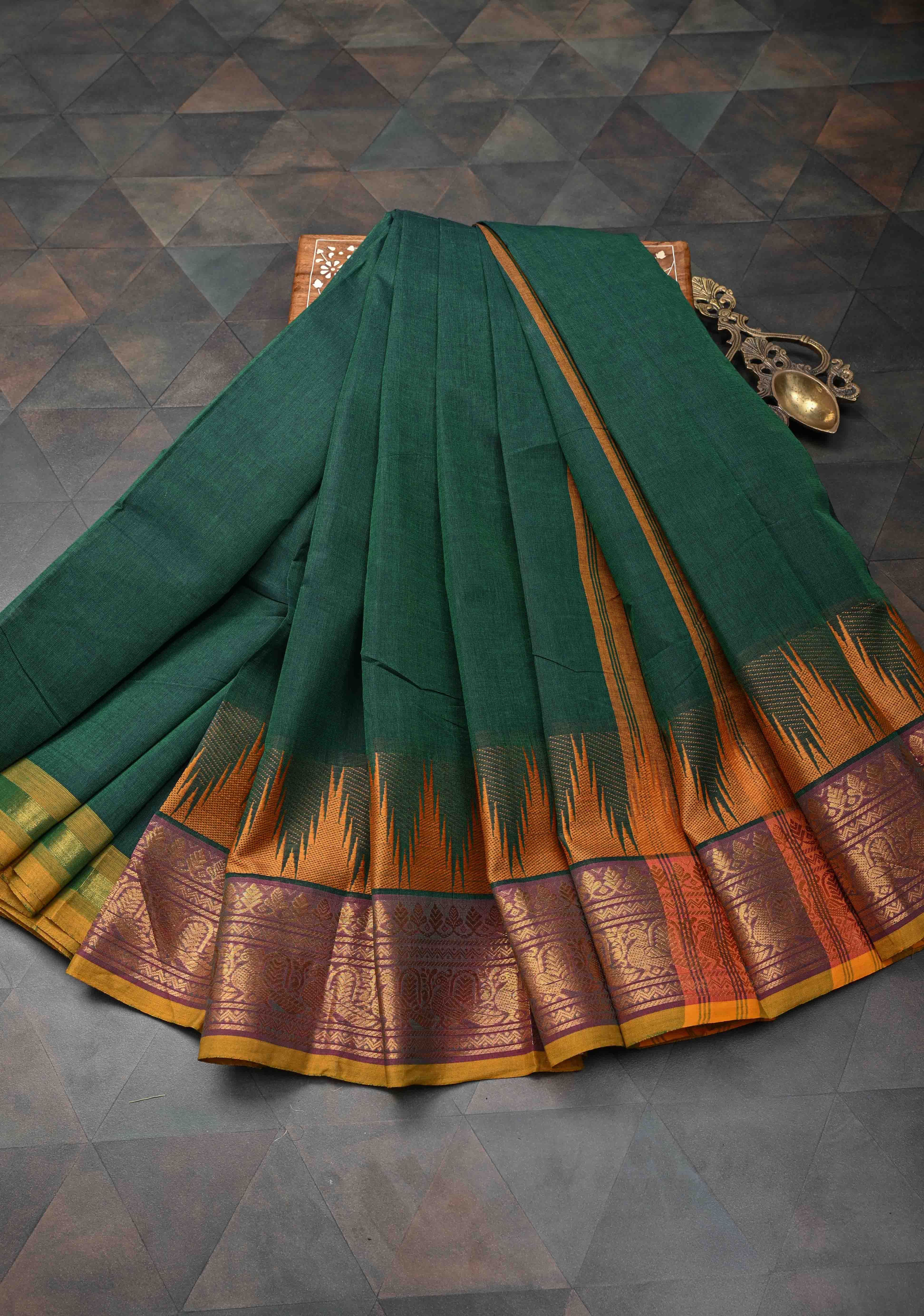 Midnight Moss Kanchi Cotton Saree with Contrast Temple border, No Blouse piece | SHOBITAM