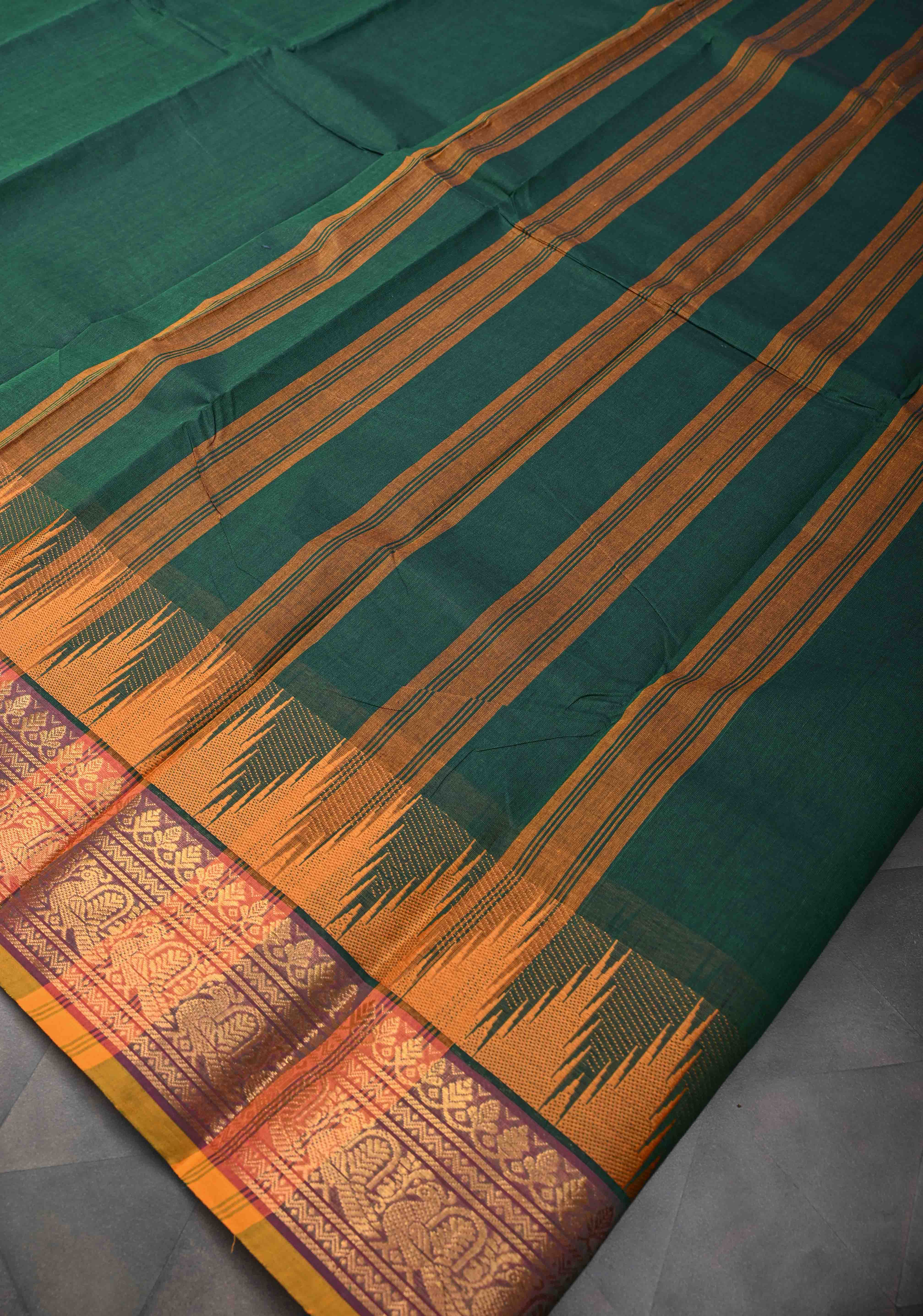 Midnight Moss Kanchi Cotton Saree with Contrast Temple border, No Blouse piece | SHOBITAM