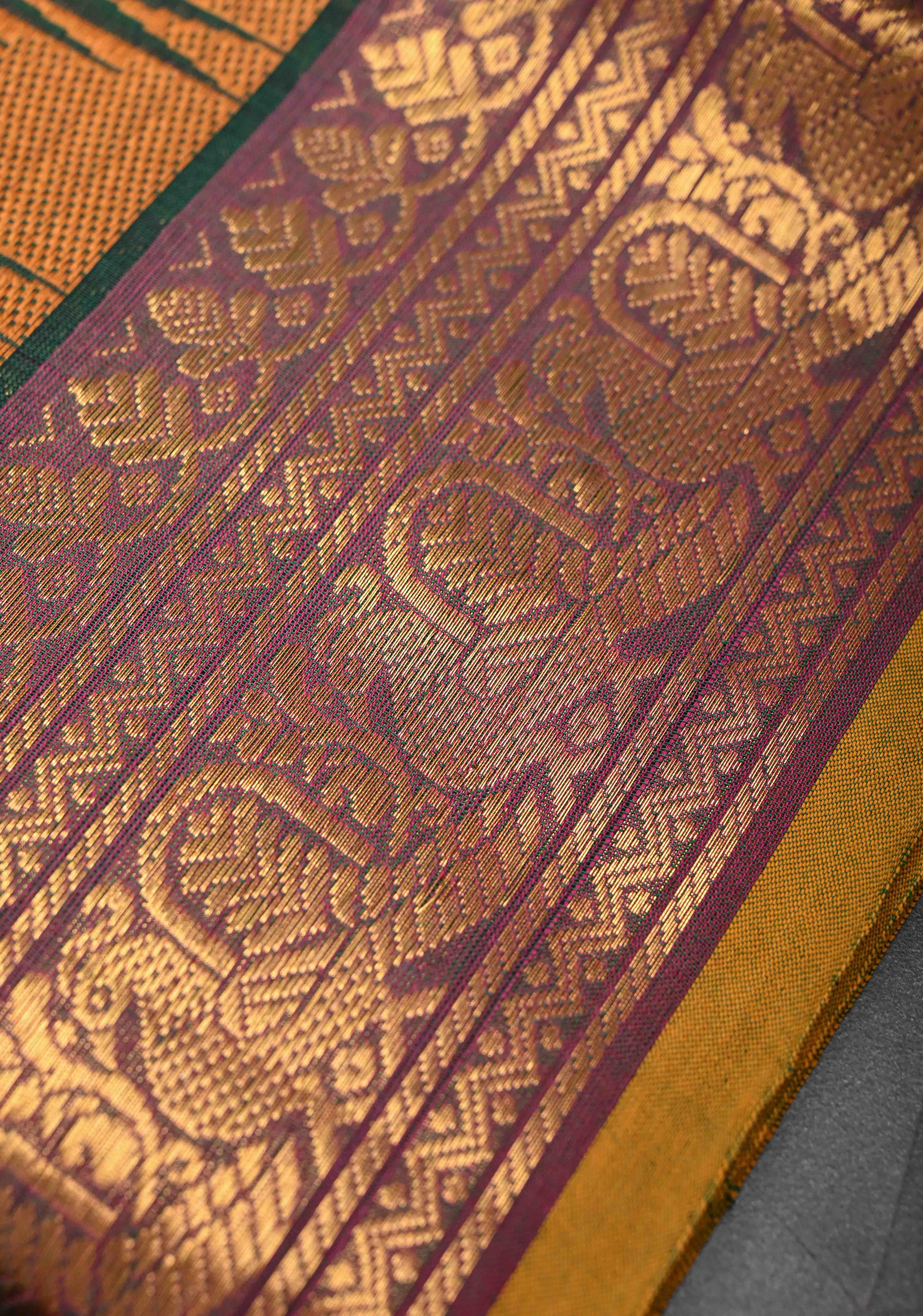 Midnight Moss Kanchi Cotton Saree with Contrast Temple border, No Blouse piece | SHOBITAM