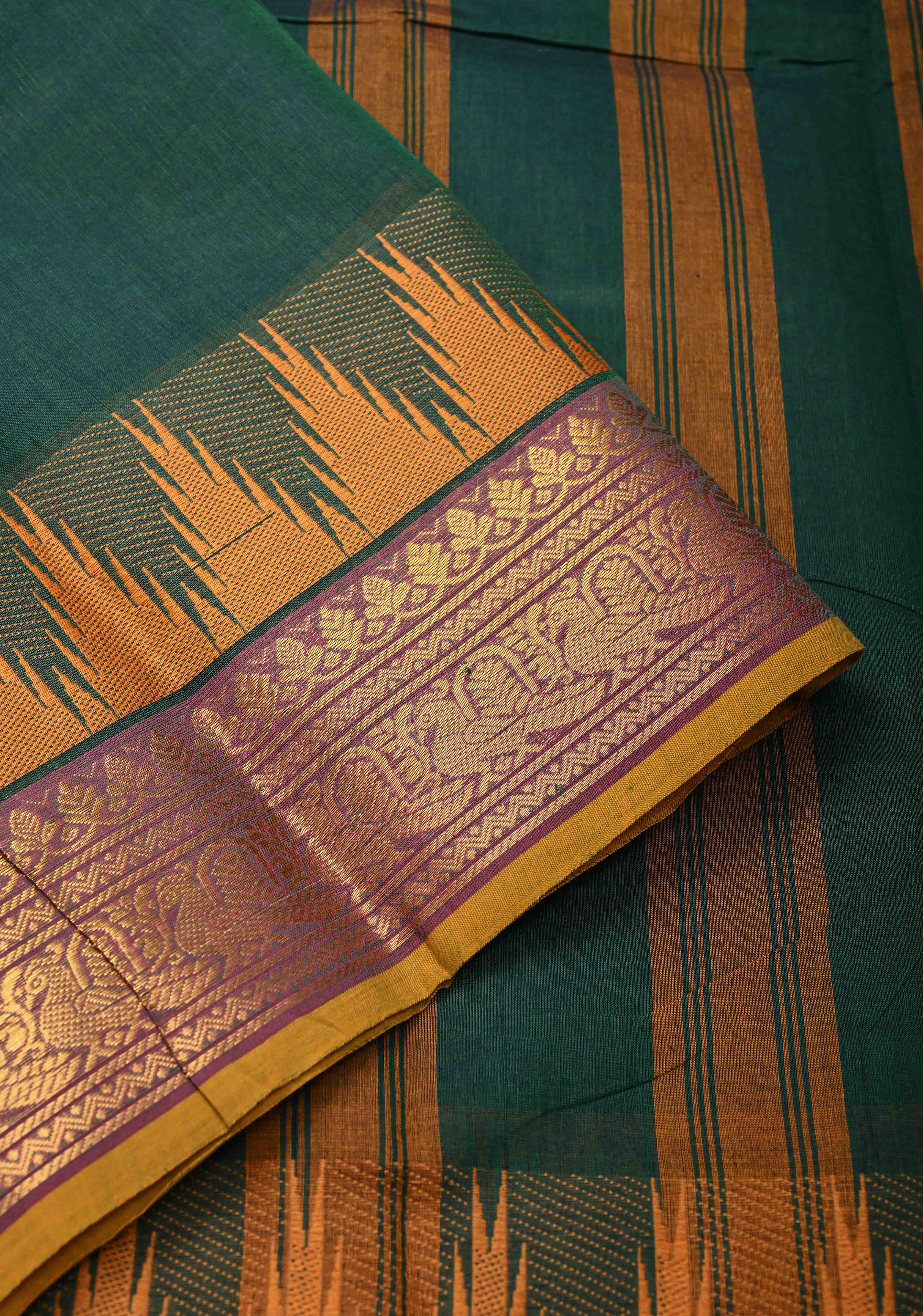 Midnight Moss Kanchi Cotton Saree with Contrast Temple border, No Blouse piece | SHOBITAM