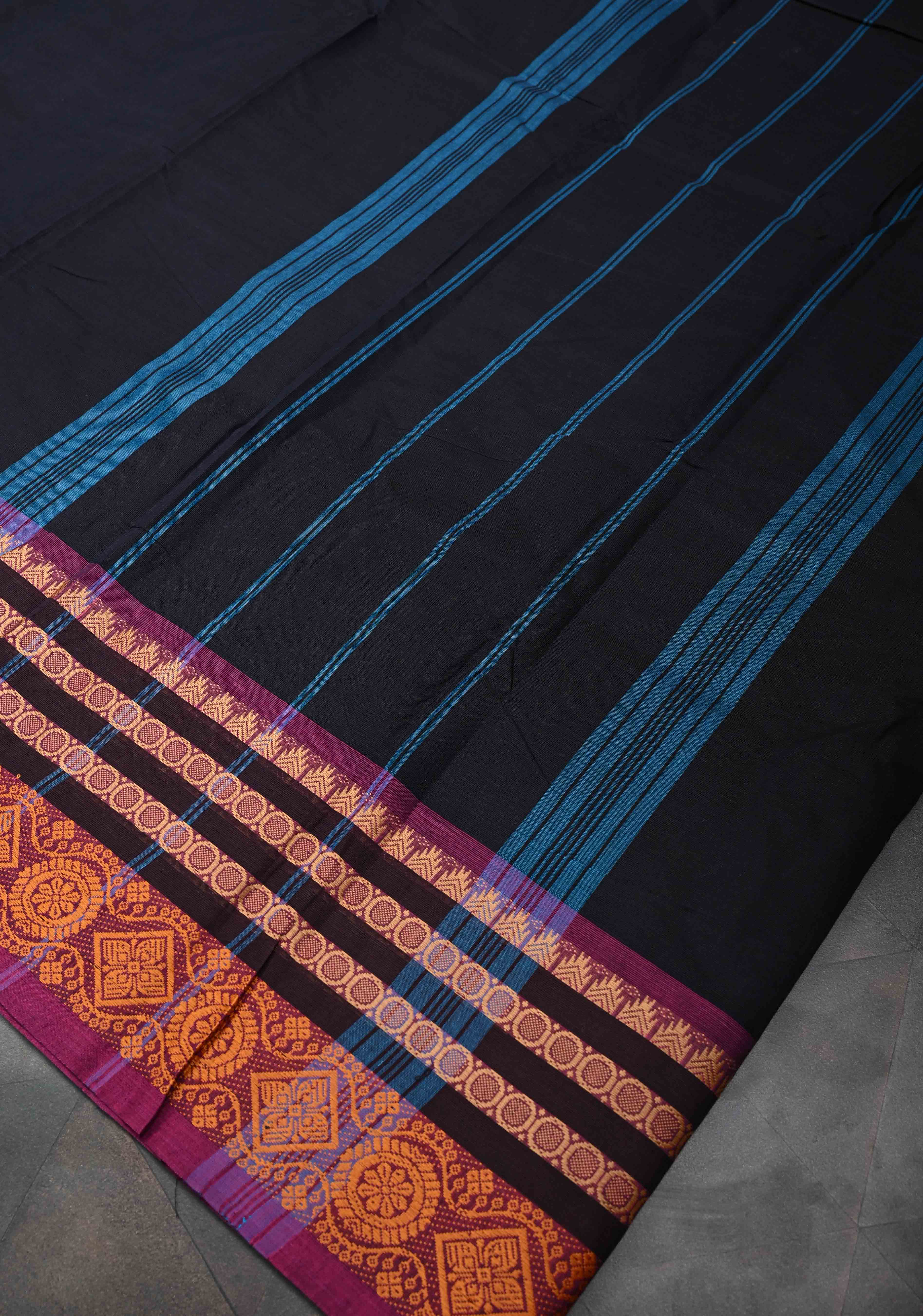 Blue Black Kanchi Cotton Saree with Contrast Zari Border, No Blouse piece | Shobitam