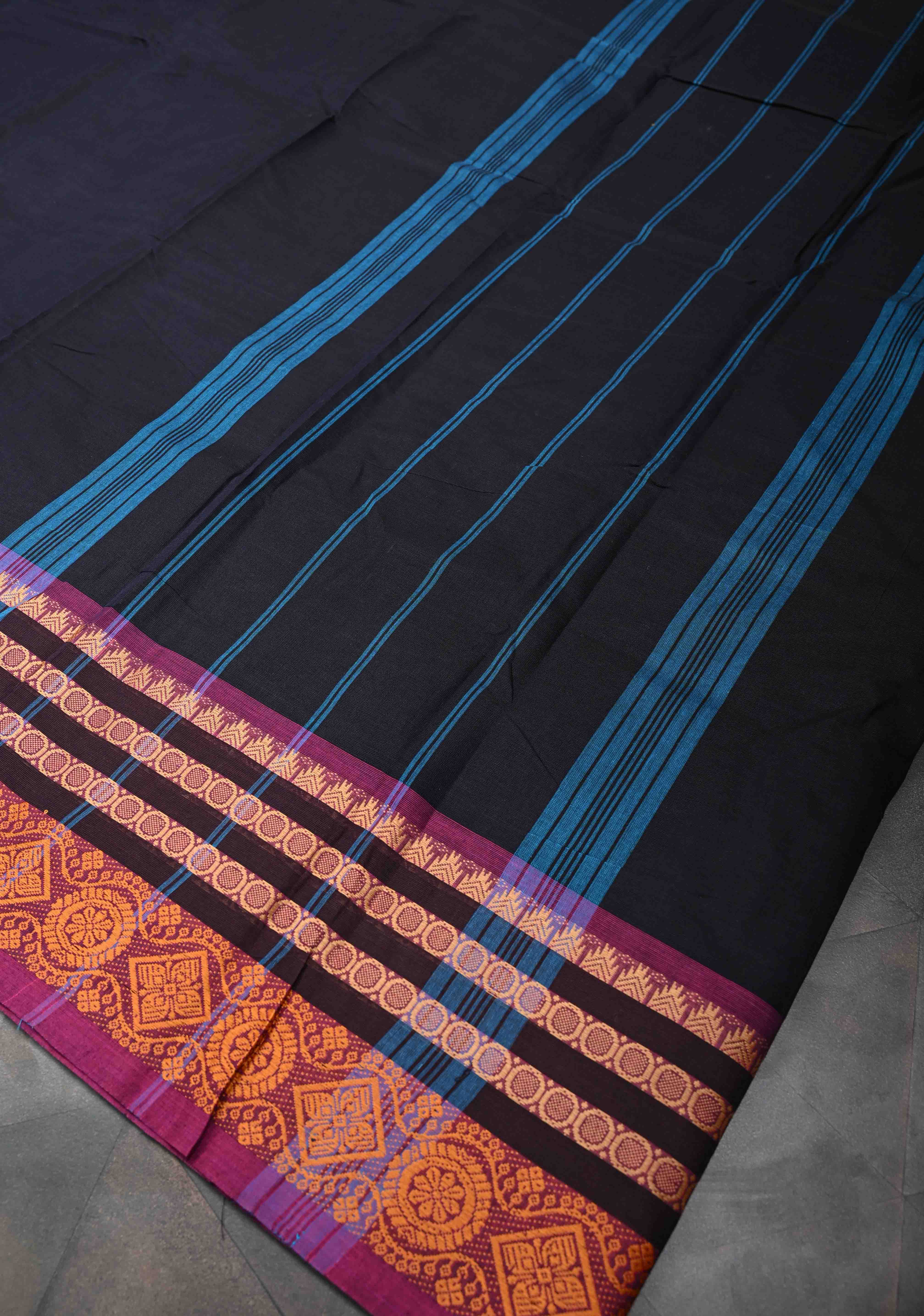 Blue Black Kanchi Cotton Saree with Contrast Zari Border, No Blouse piece | Shobitam