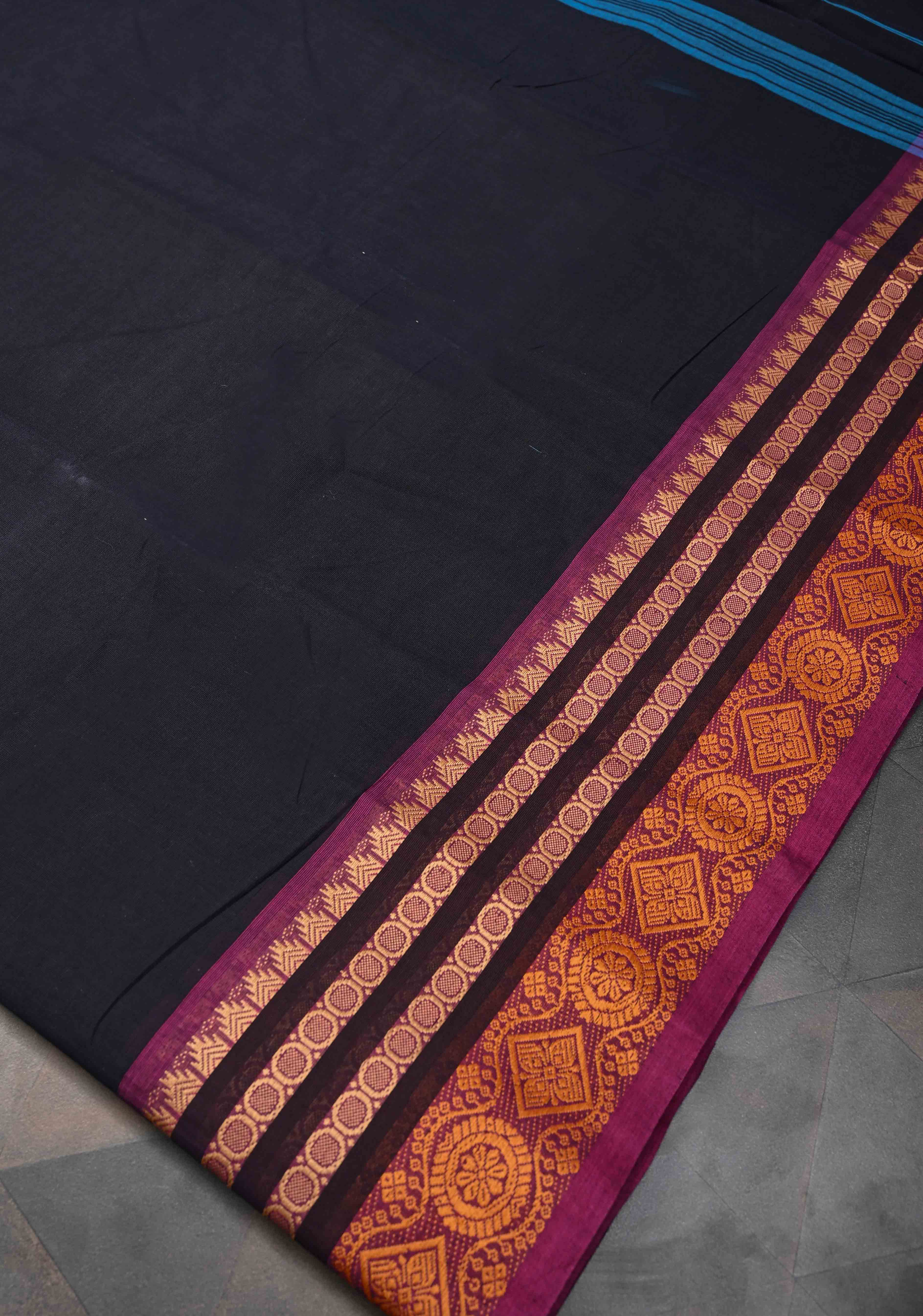 Blue Black Kanchi Cotton Saree with Contrast Zari Border, No Blouse piece | Shobitam