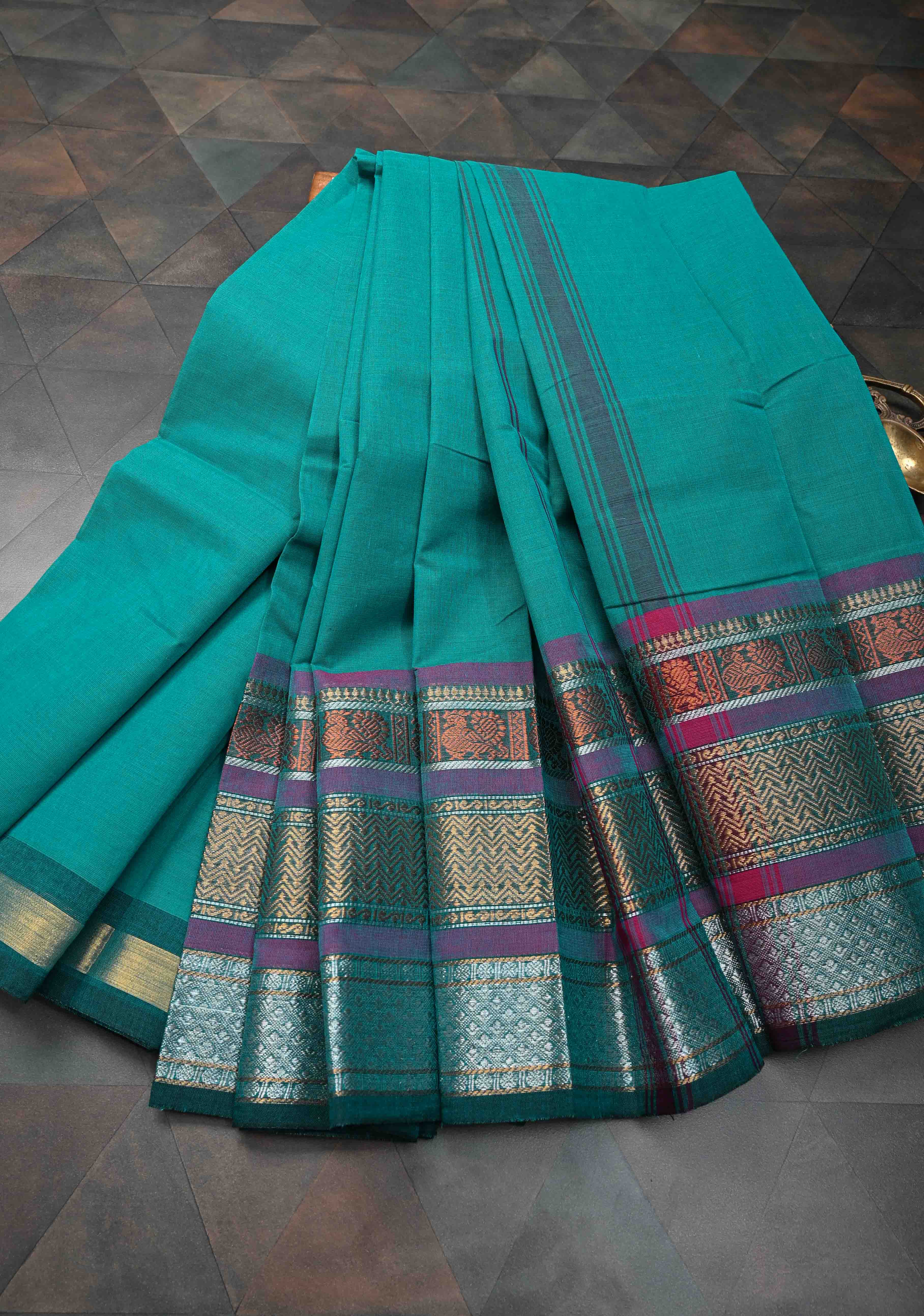 Teal Kanchi Cotton Saree with Contrast Zari Border | No Blouse piece