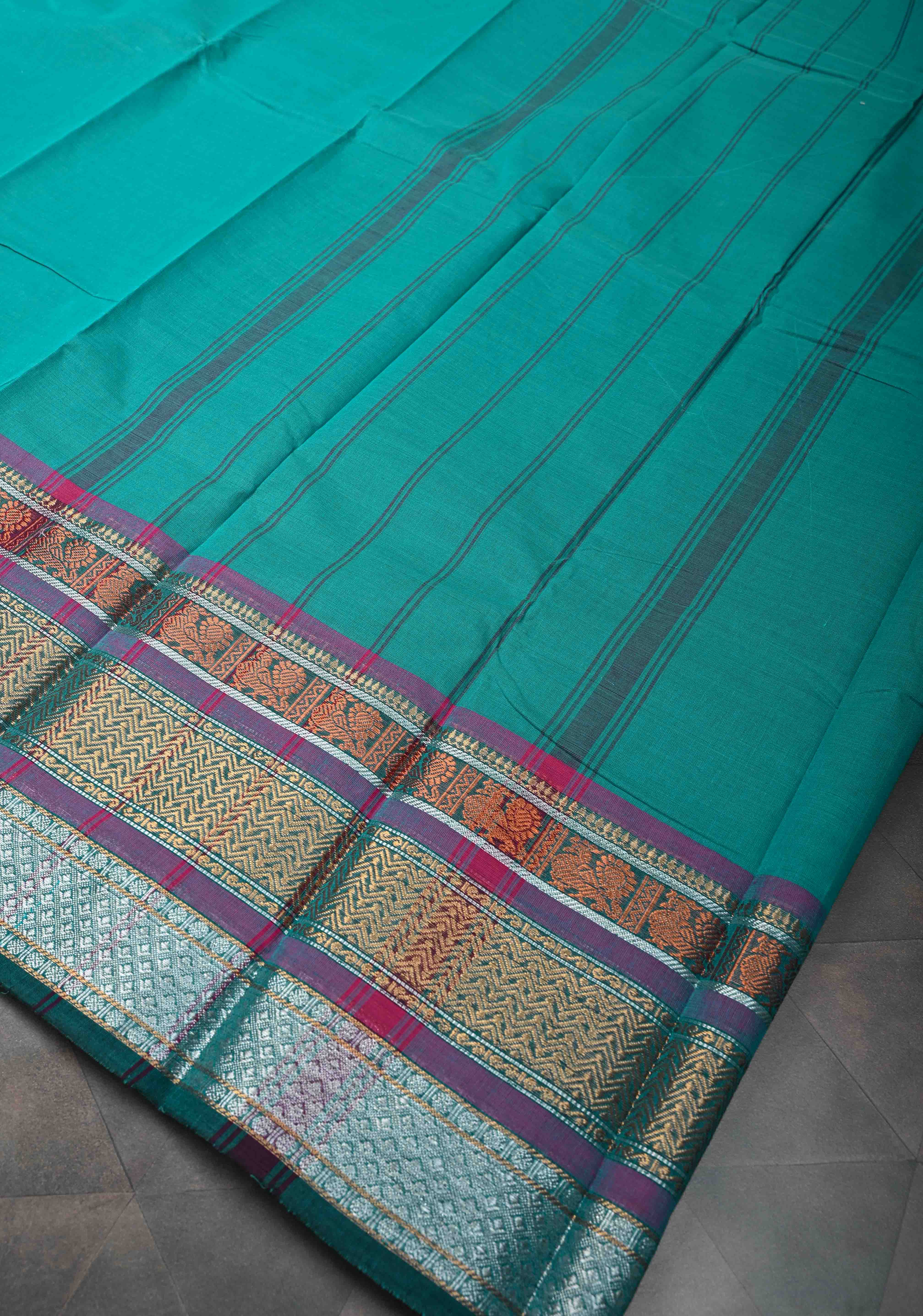 Teal Kanchi Cotton Saree with Contrast Zari Border | No Blouse piece | Shobitam