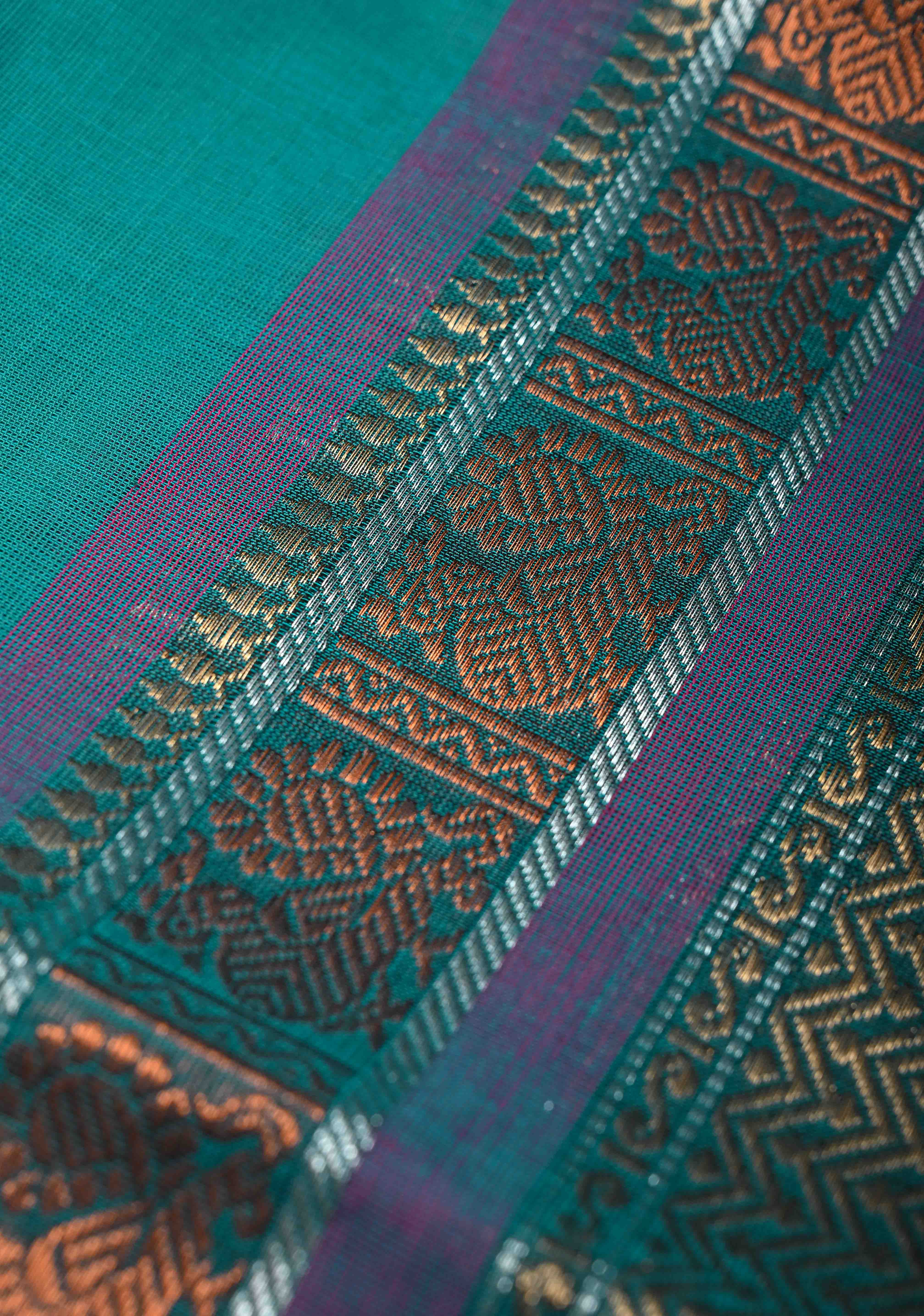 Teal Kanchi Cotton Saree with Contrast Zari Border | No Blouse piece | Shobitam
