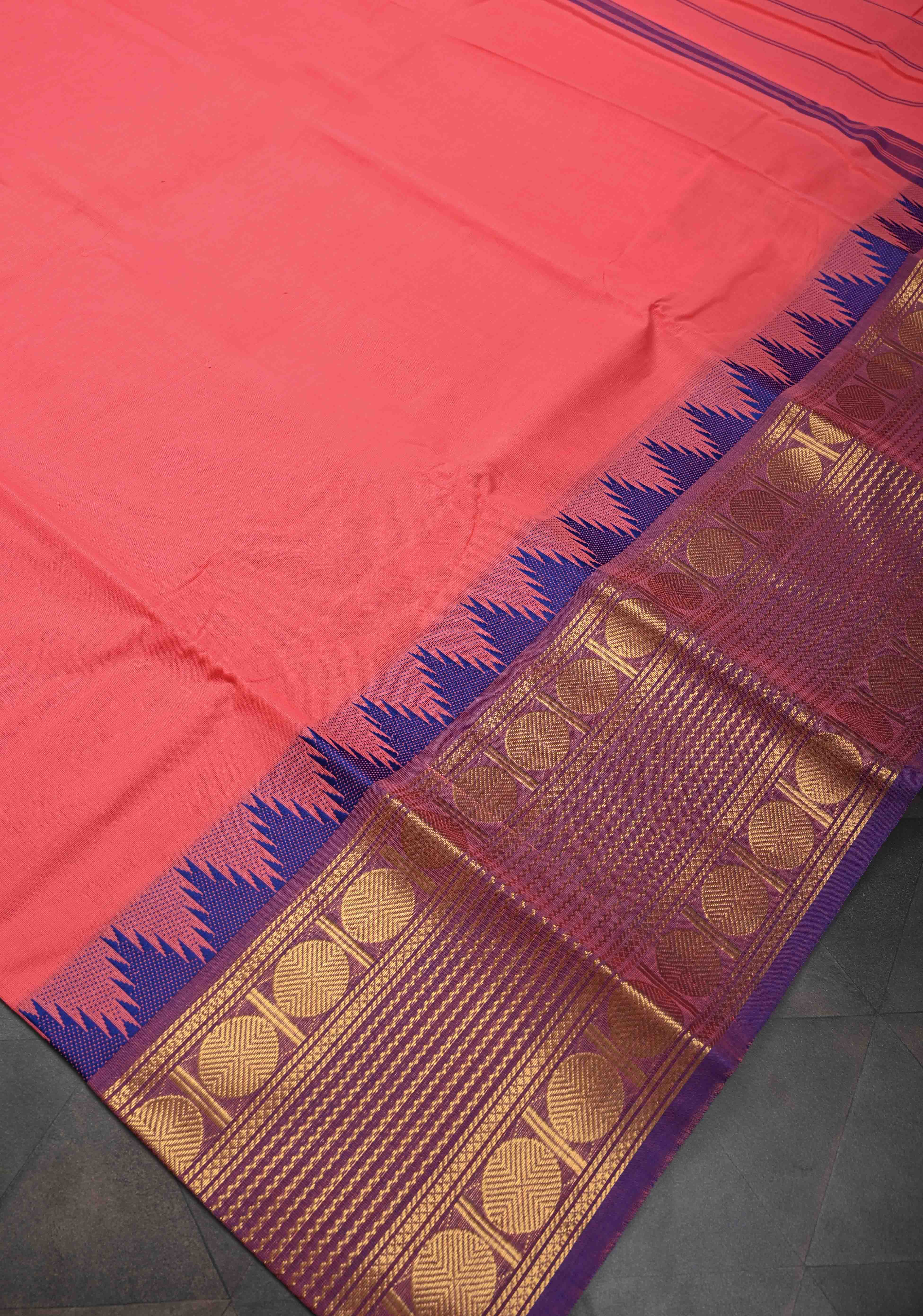 Salmon Kanchi Cotton Saree with Contrast Zari Border | No Blouse piece | Shobitam