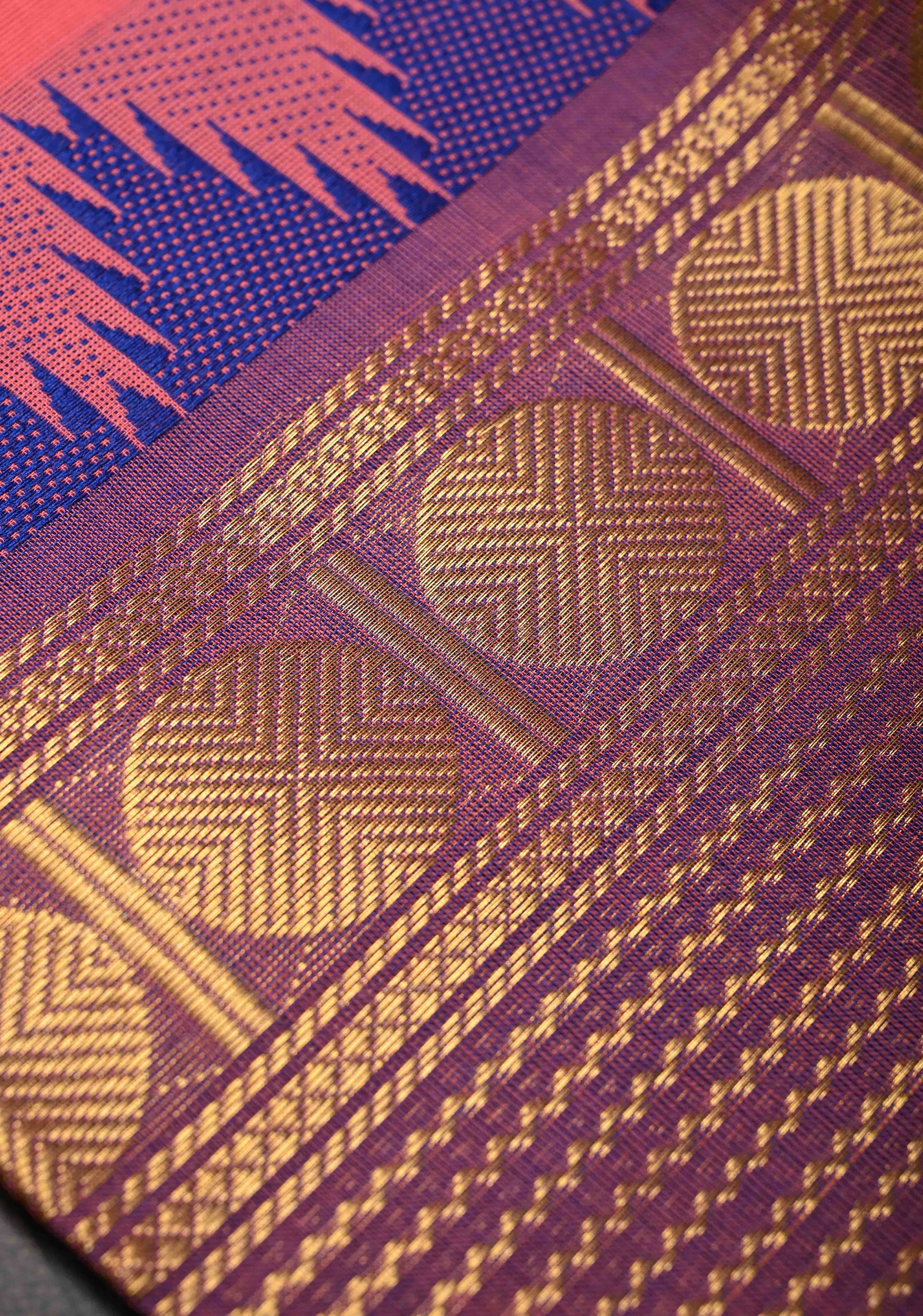 Salmon Kanchi Cotton Saree with Contrast Zari Border | No Blouse piece | Shobitam