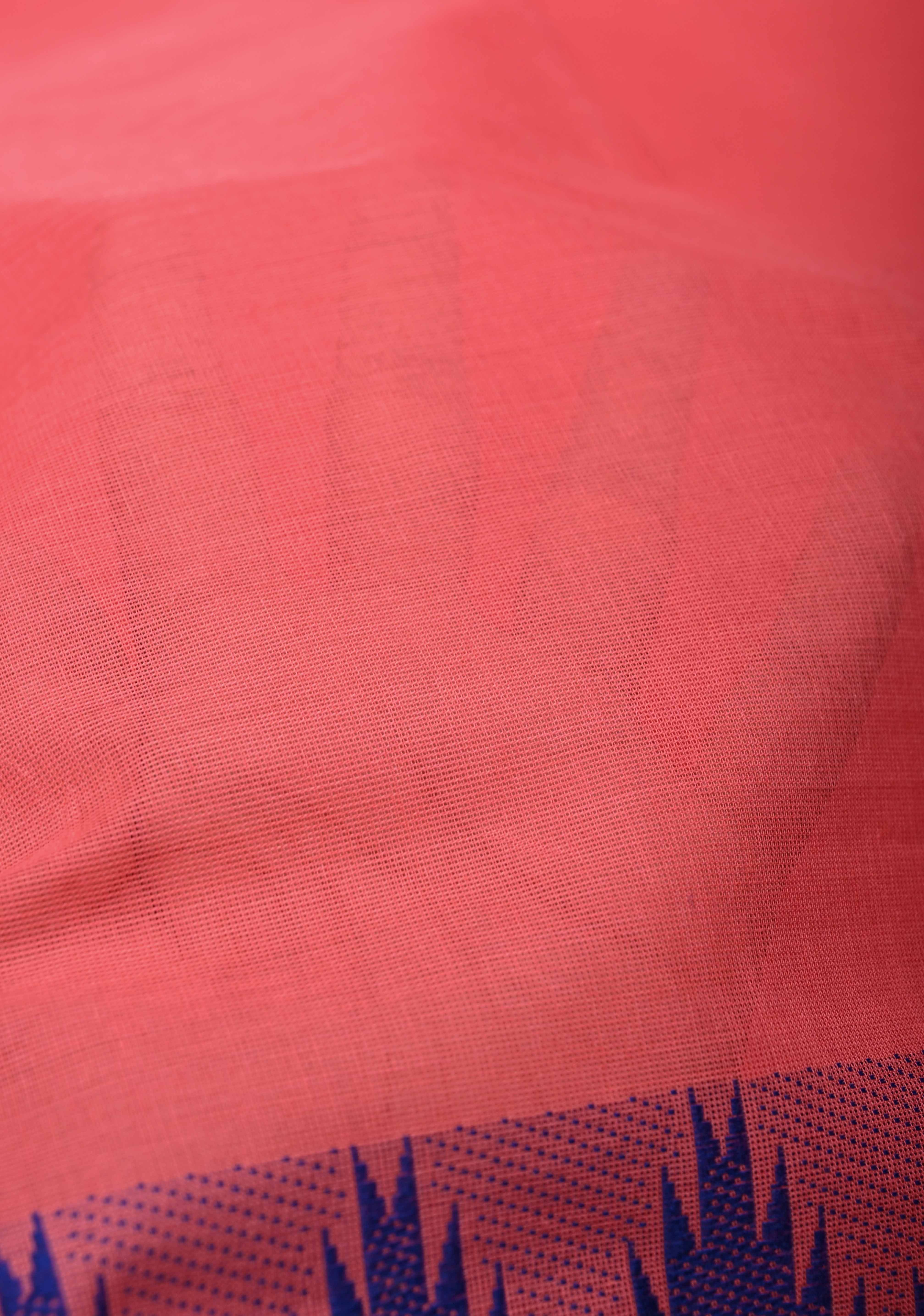 Salmon Kanchi Cotton Saree with Contrast Zari Border | No Blouse piece | Shobitam