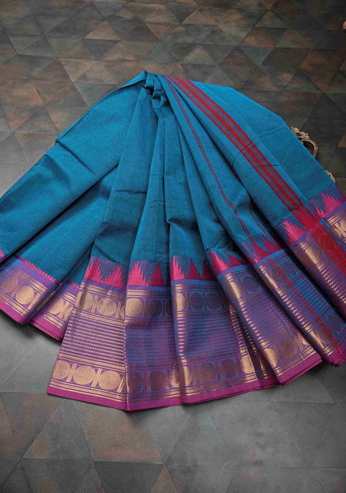 Teal Blue Kanchi Cotton Saree with Contrast Zari Border | No Blouse piece