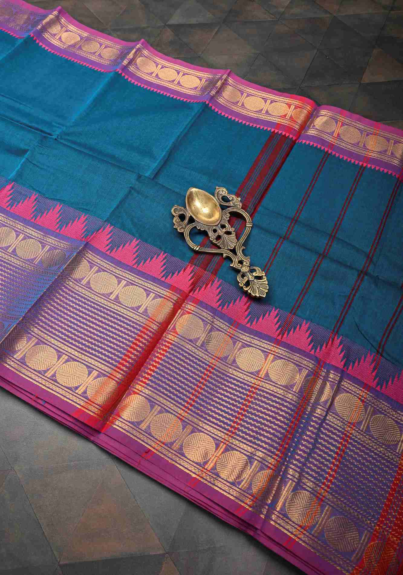 Teal Blue Kanchi Cotton Saree with Contrast Zari Border | No Blouse piece
