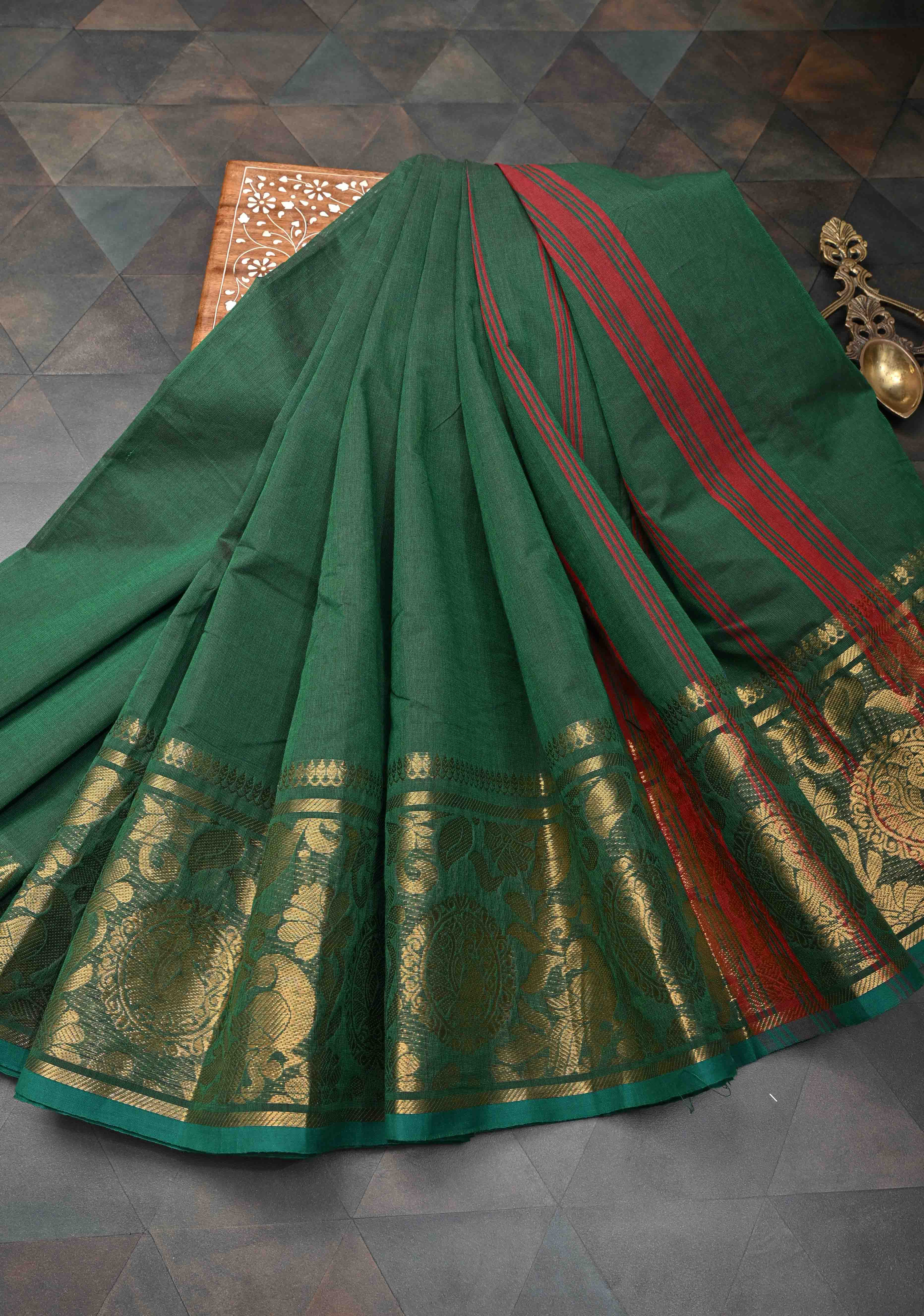 Hunter green Kanchi Cotton Saree with peacock Mandala And floral Zari border , No Blouse piece | Shobitam