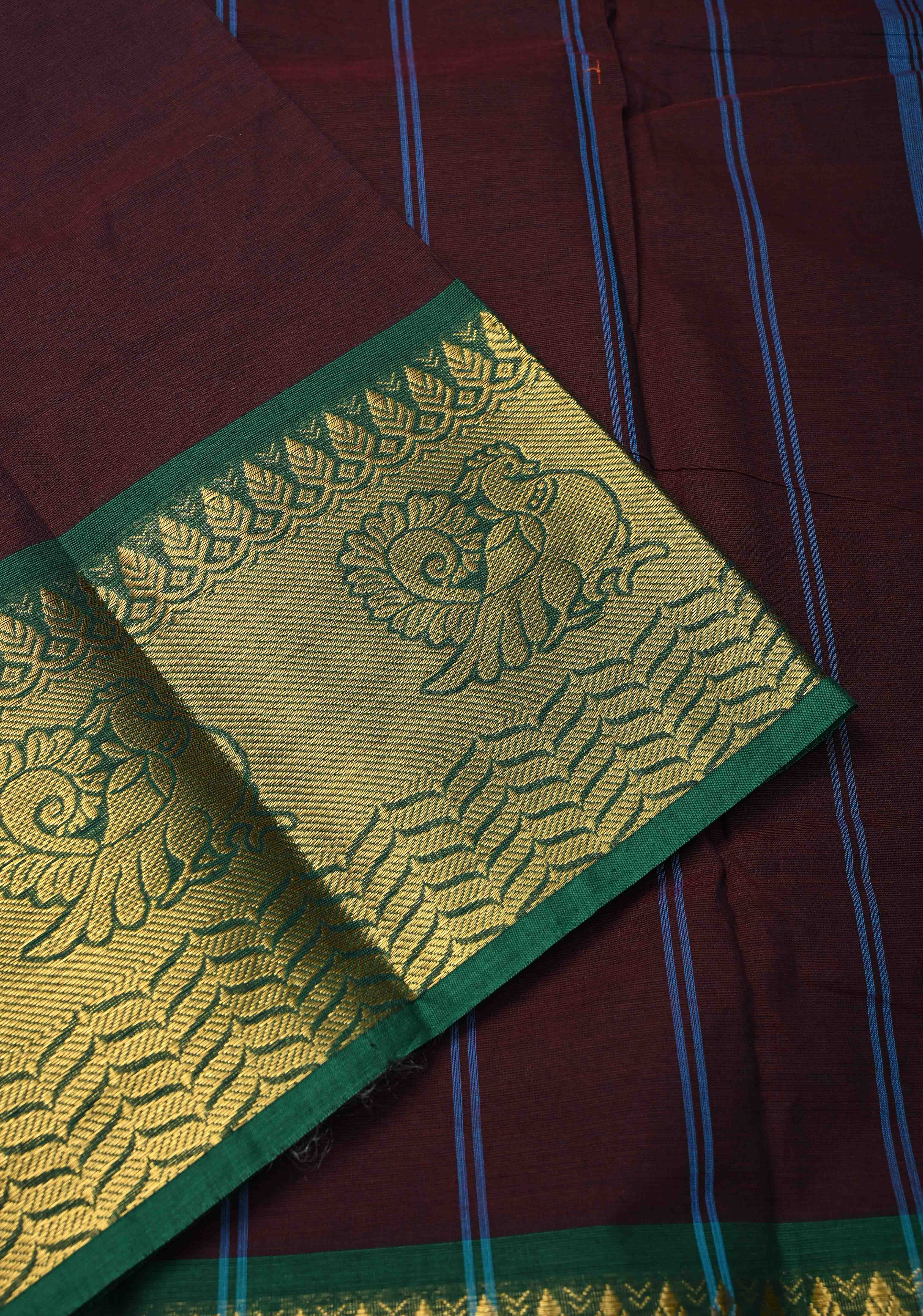 Seal Brown Kanchi Cotton Saree with Distinct Annapakshi Motifs on Contrast zari border, No Blouse piece | Shobitam