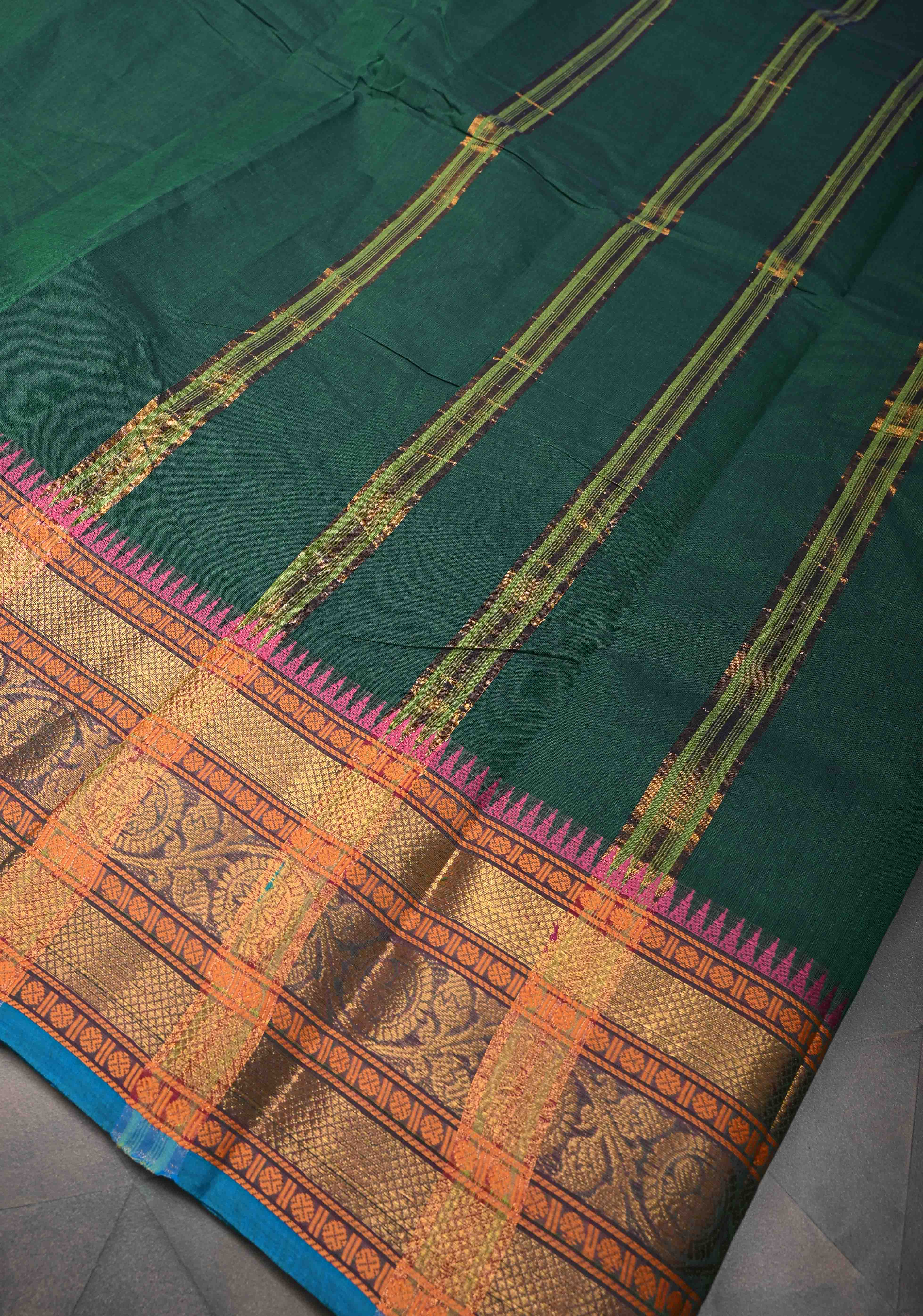 Bottle Green Kanchi Cotton Saree With Zari borders | No Blouse piece | Shobitam