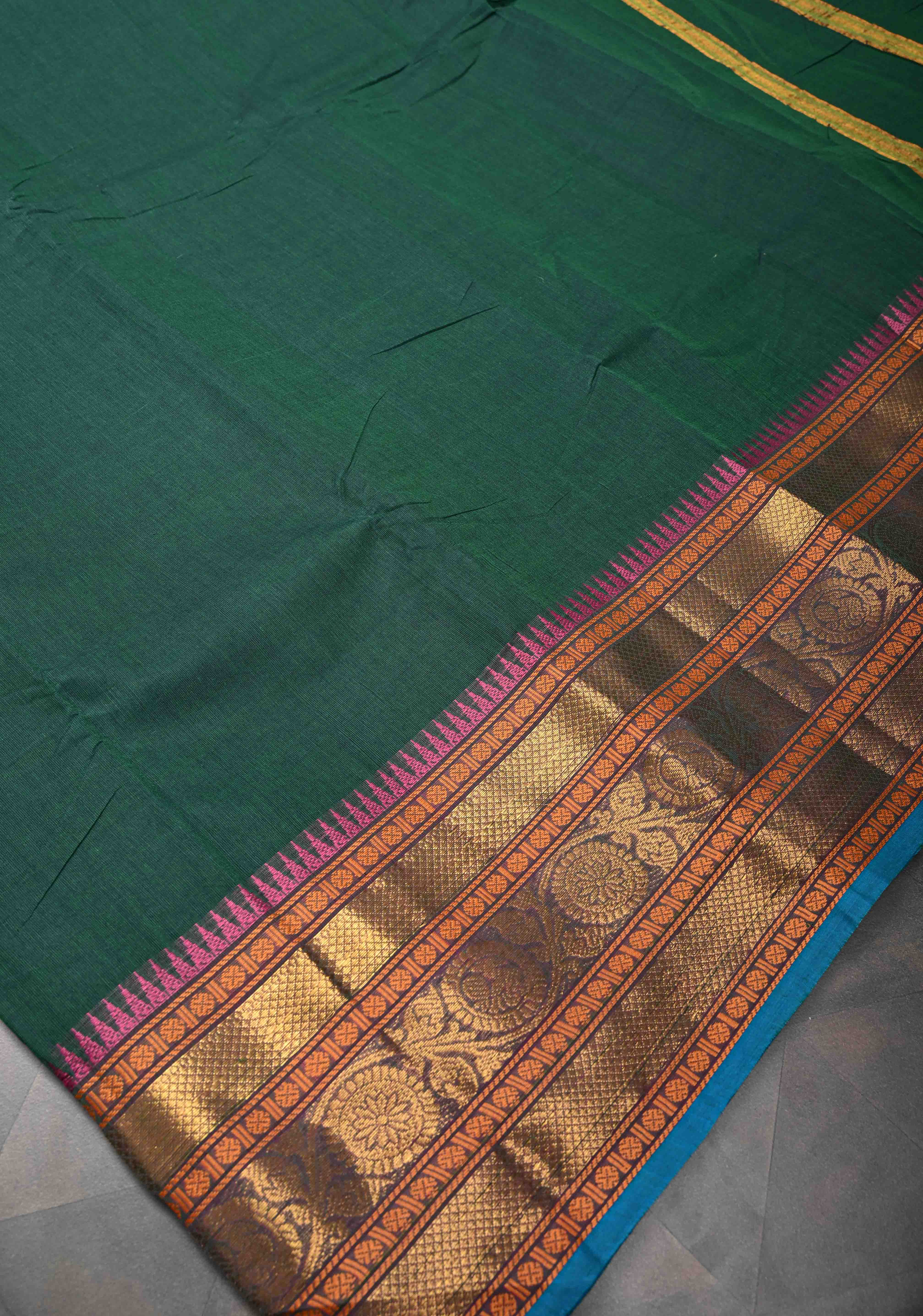Bottle Green Kanchi Cotton Saree With Zari borders | No Blouse piece | Shobitam