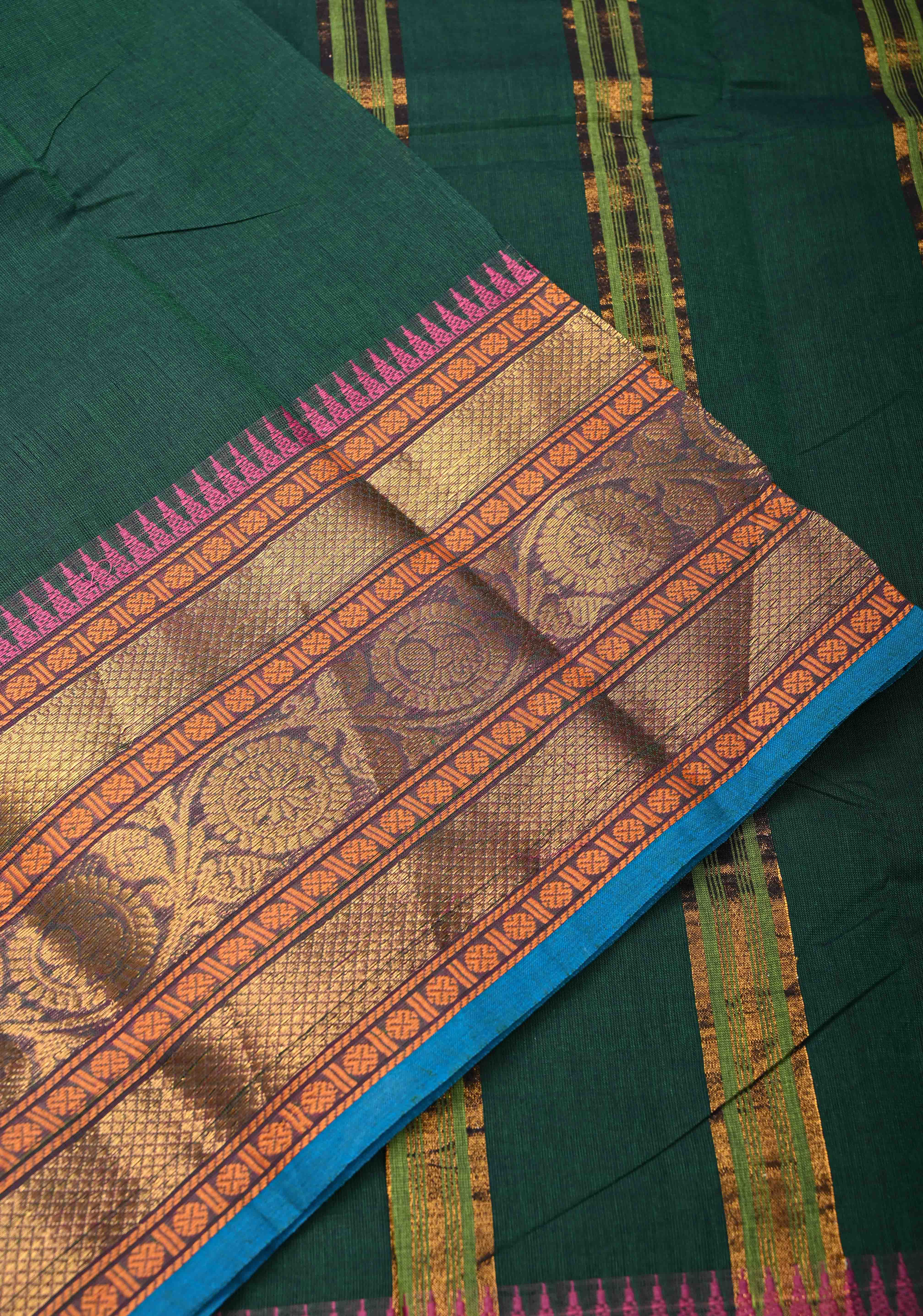 Bottle Green Kanchi Cotton Saree With Zari borders | No Blouse piece | Shobitam