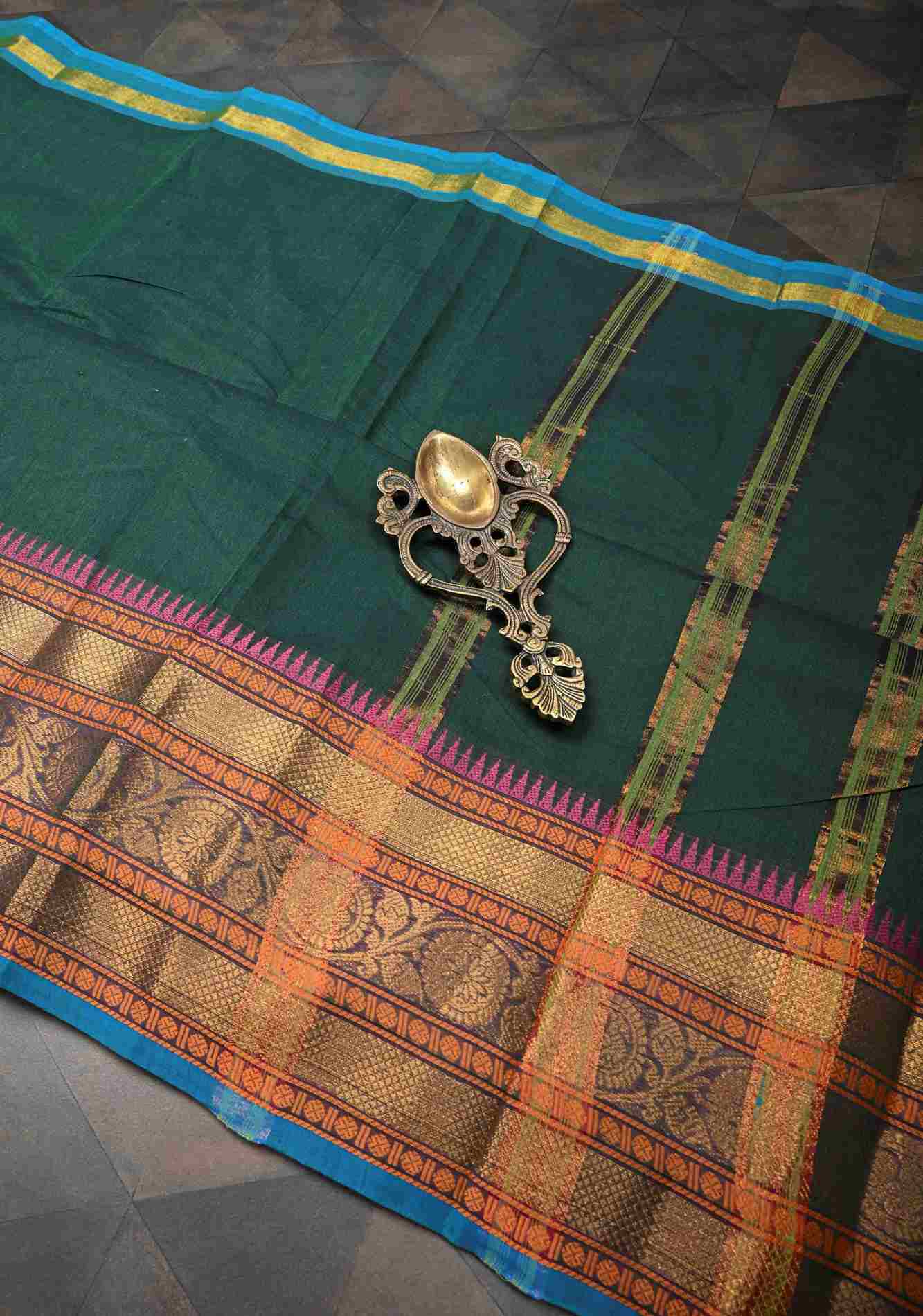 Bottle Green Kanchi Cotton Saree With Zari borders | No Blouse piece