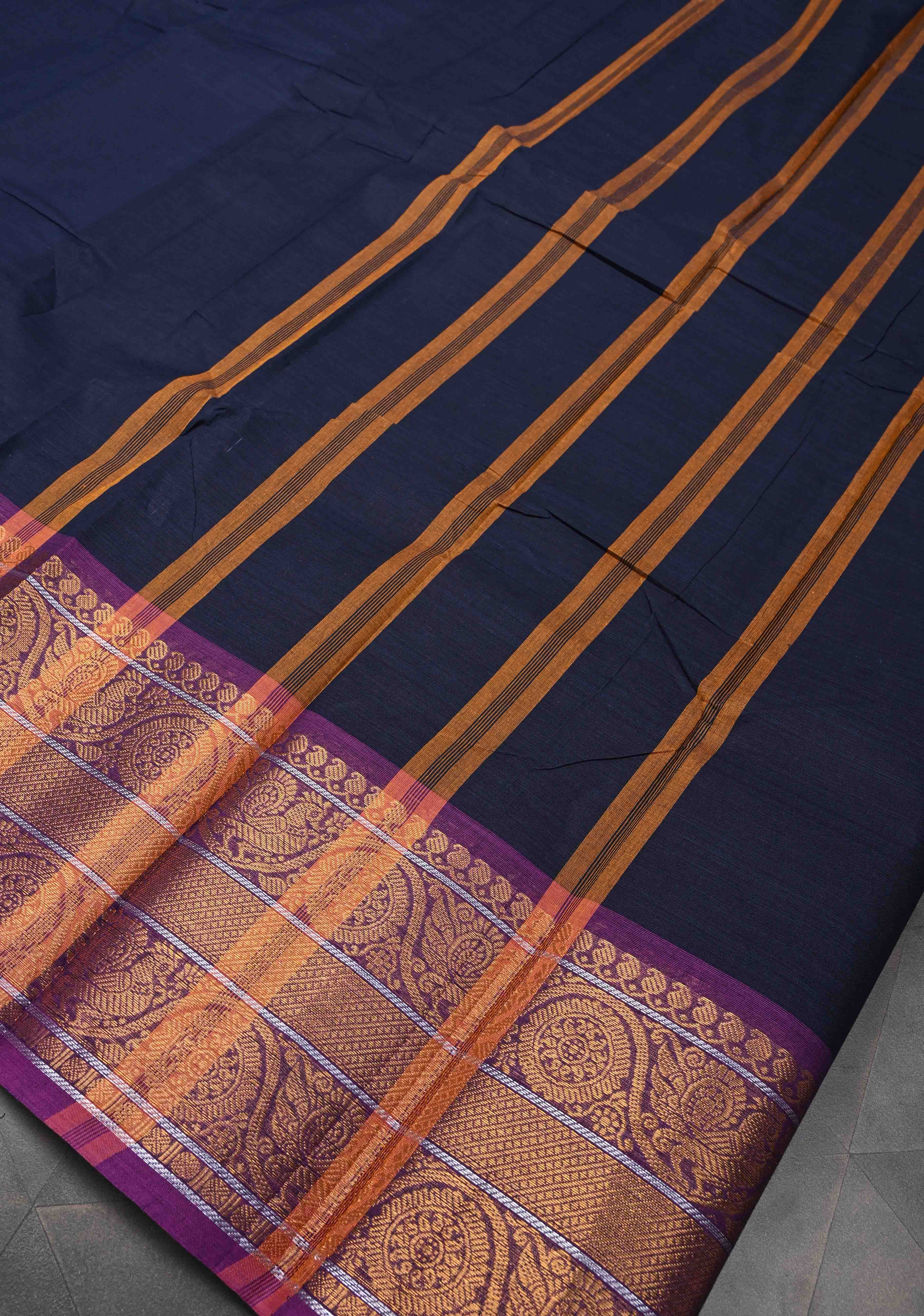 Midnight Blue Kanchi Cotton Saree with Contrast Zari Border, No Blouse piece | Shobitam