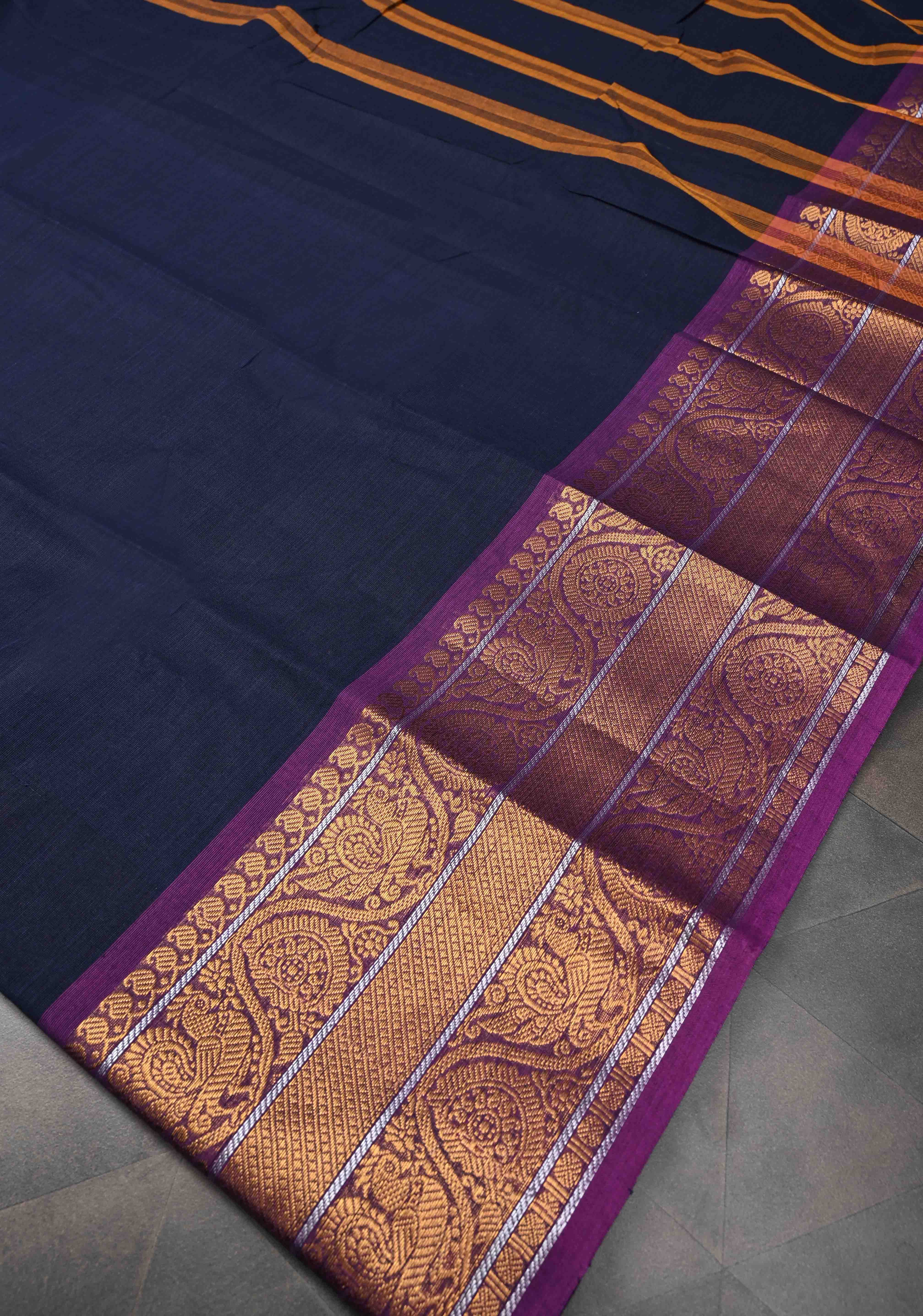 Midnight Blue Kanchi Cotton Saree with Contrast Zari Border, No Blouse piece | Shobitam
