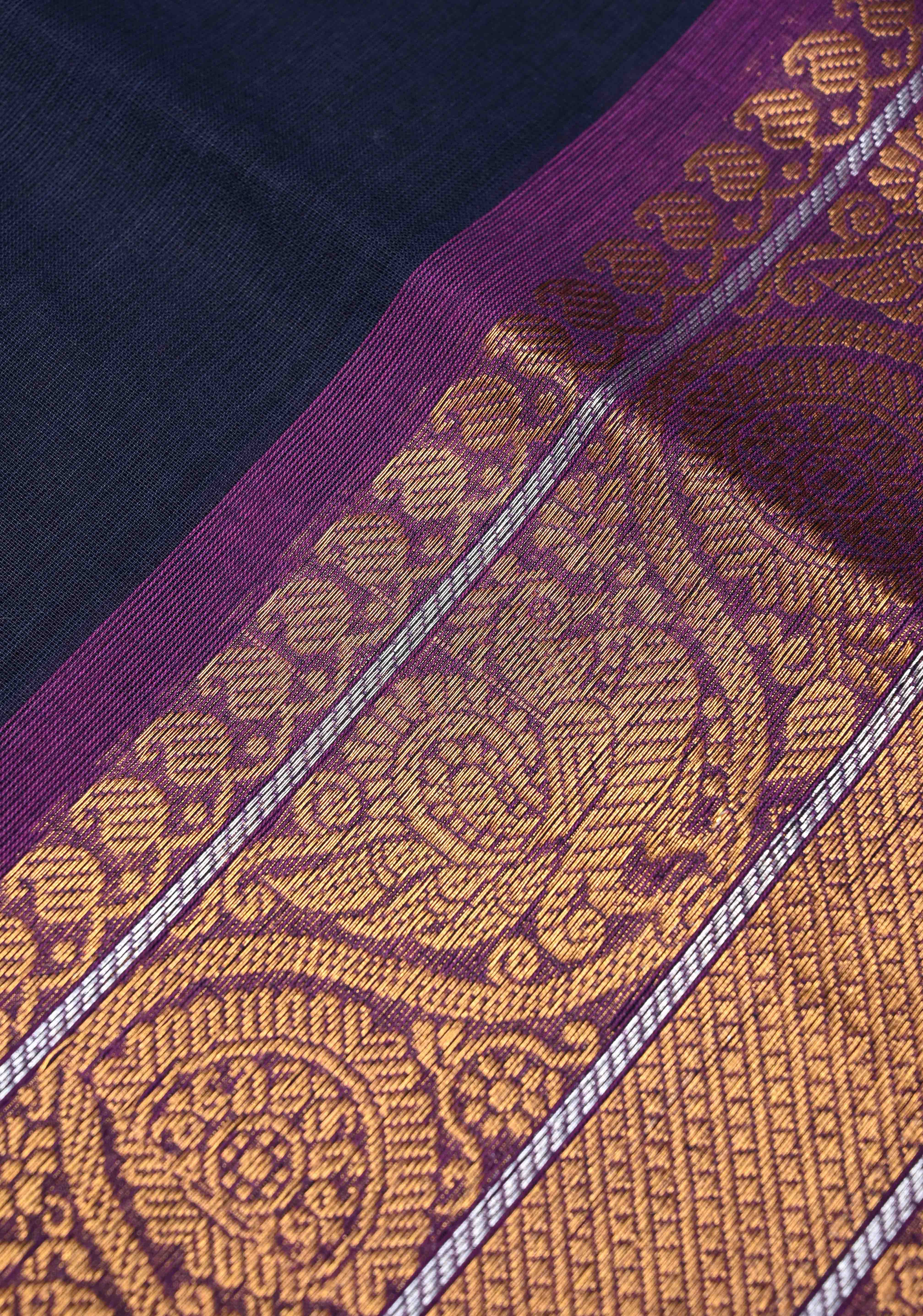 Midnight Blue Kanchi Cotton Saree with Contrast Zari Border, No Blouse piece | Shobitam