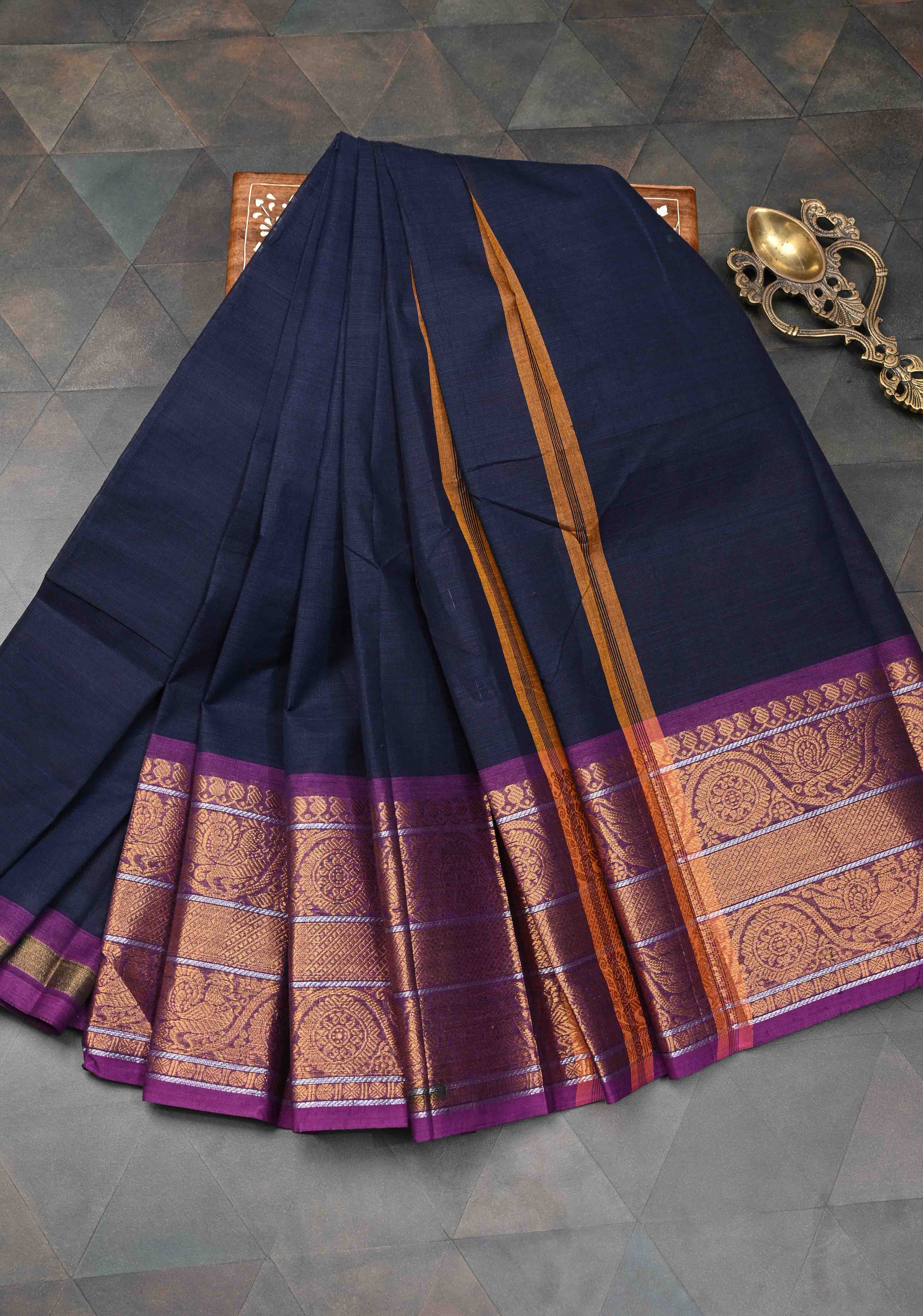 Midnight Blue Kanchi Cotton Saree with Contrast Zari Border, No Blouse piece