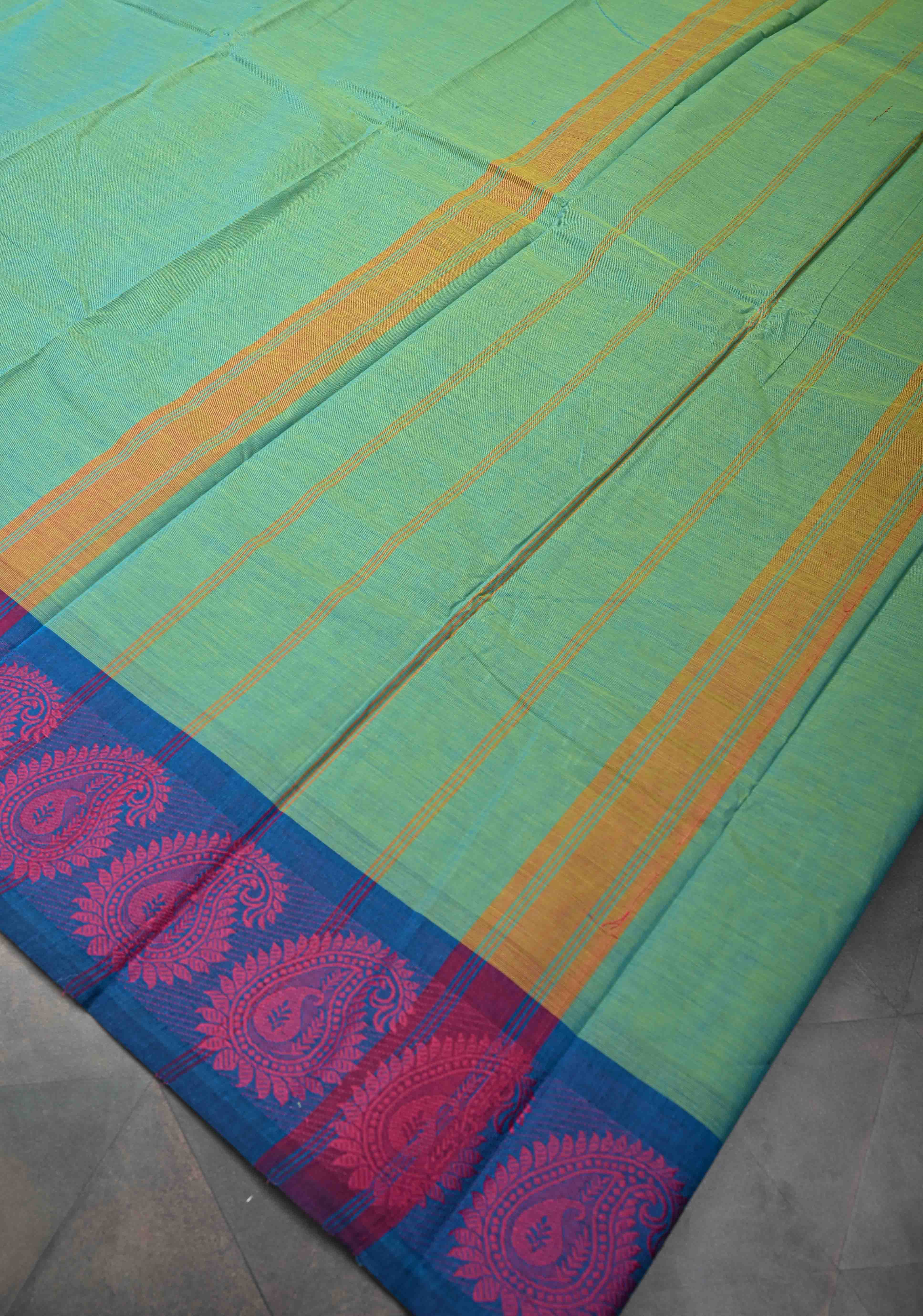 Sea Green Kanchi Cotton Saree with Contrast Resham Paisley Motifs on Border, No Blouse piece | SHOBITAM
