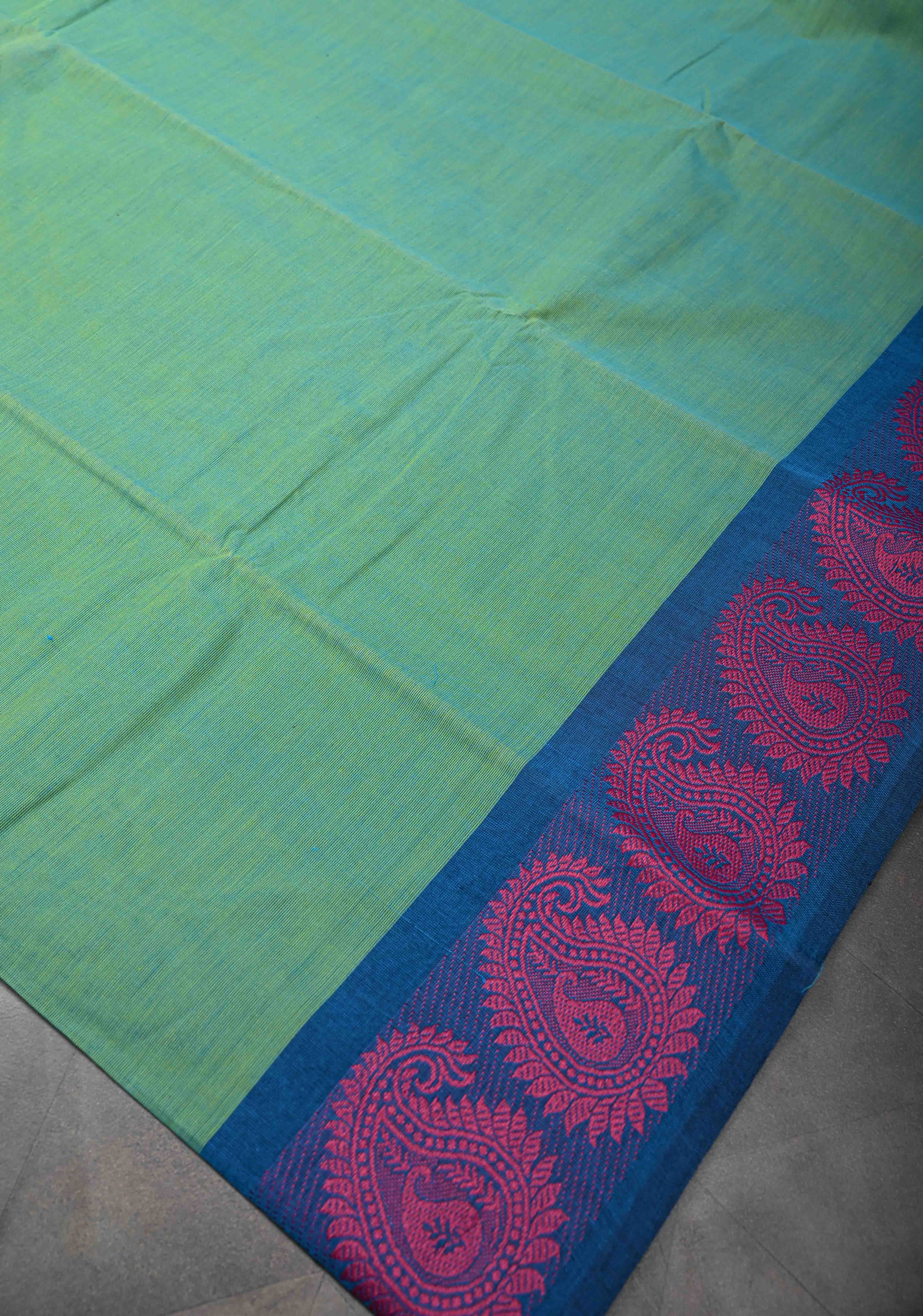 Sea Green Kanchi Cotton Saree with Contrast Resham Paisley Motifs on Border, No Blouse piece | SHOBITAM