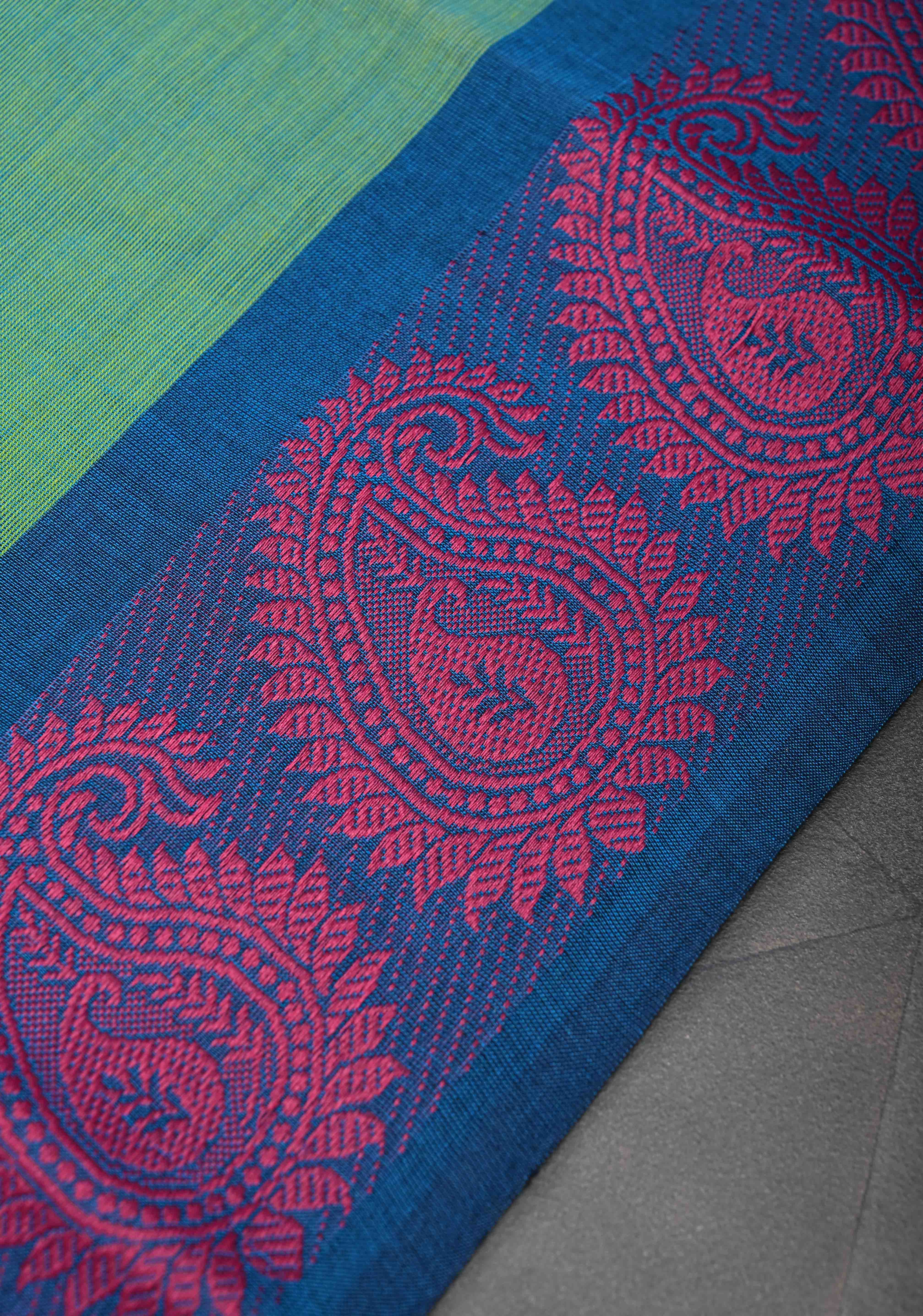Sea Green Kanchi Cotton Saree with Contrast Resham Paisley Motifs on Border, No Blouse piece | SHOBITAM