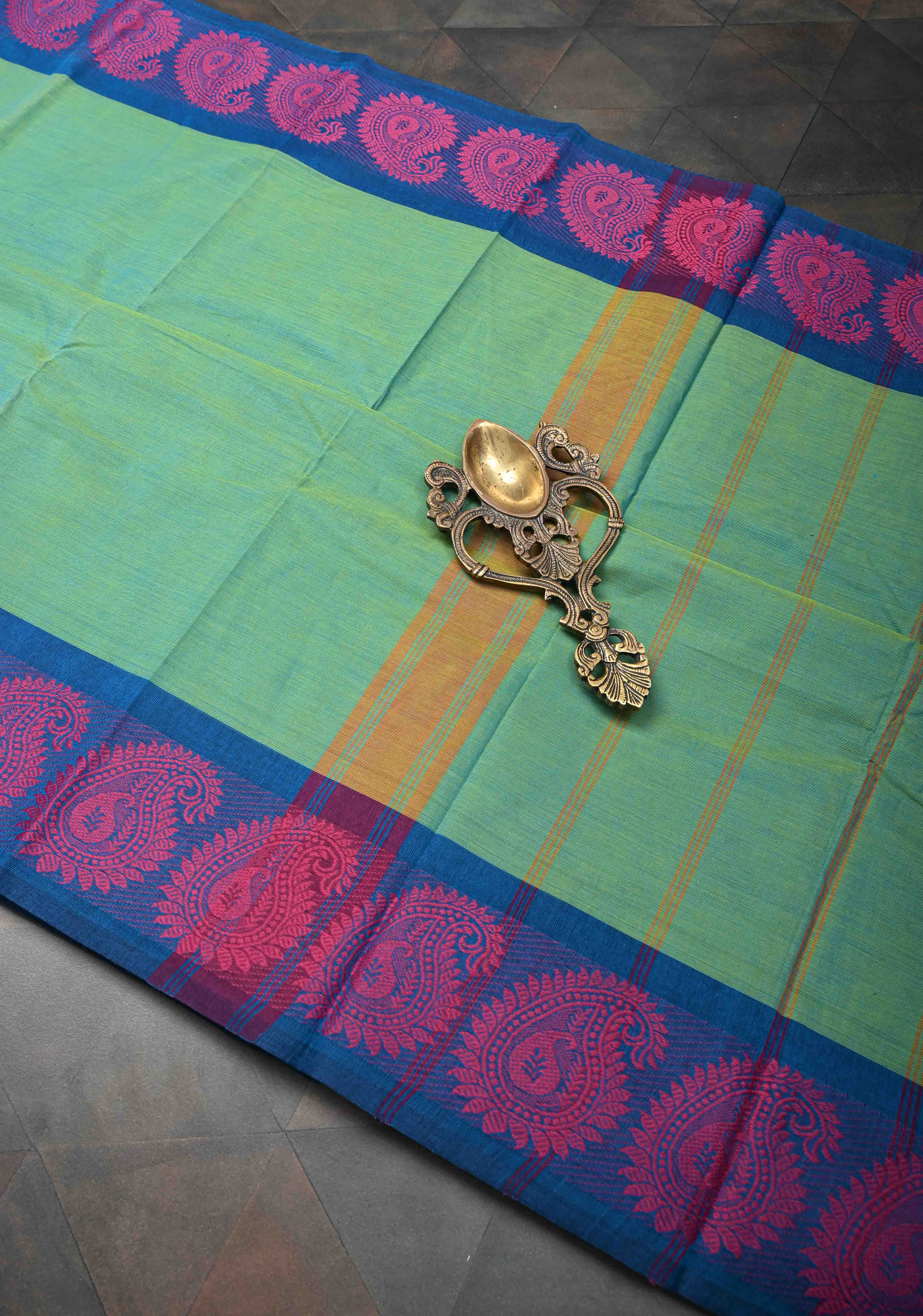 Sea Green Kanchi Cotton Saree with Contrast Resham Paisley Motifs on Border, No Blouse piece | SHOBITAM