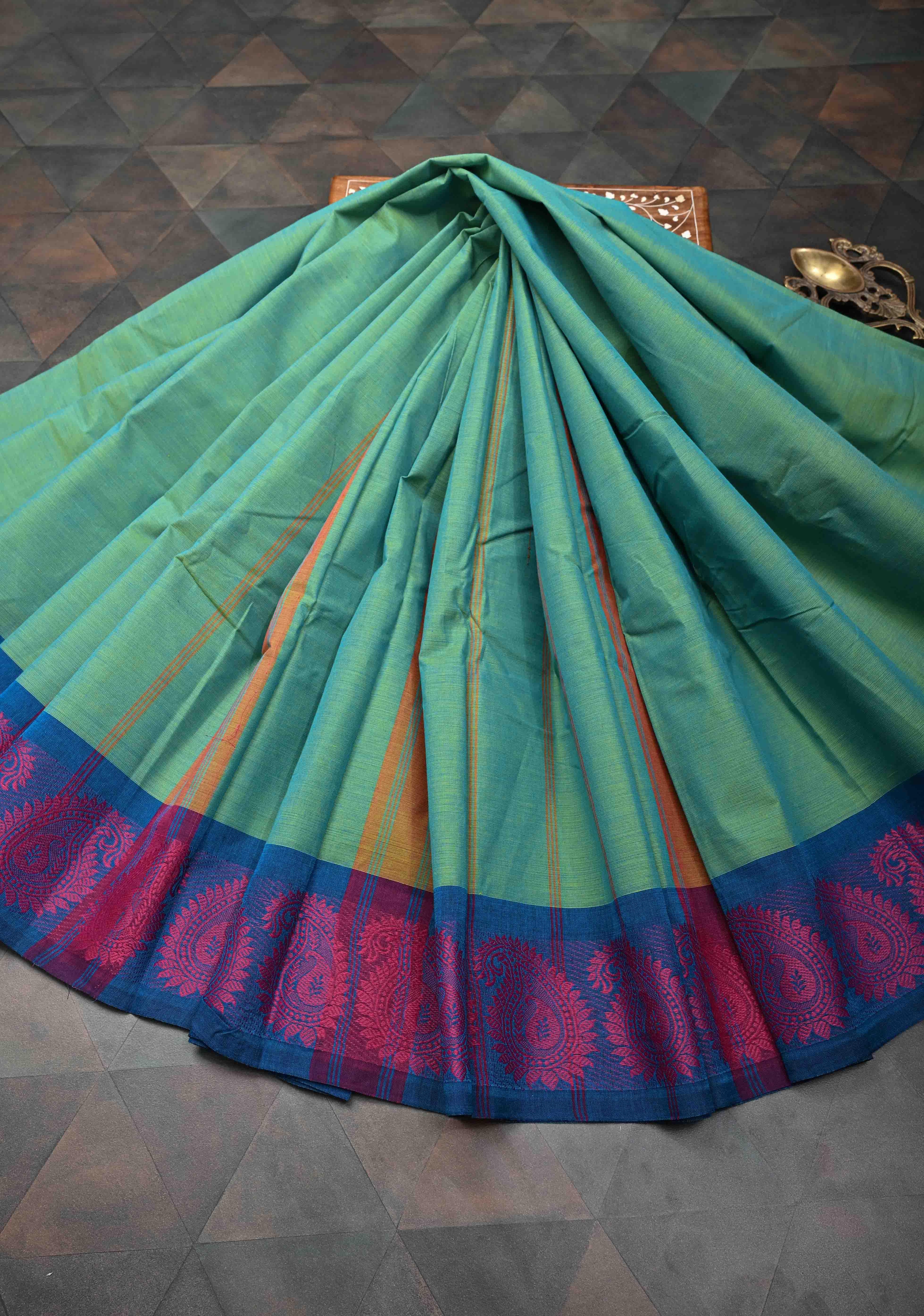 Sea Green Kanchi Cotton Saree with Contrast Resham Paisley Motifs on Border, No Blouse piece | SHOBITAM