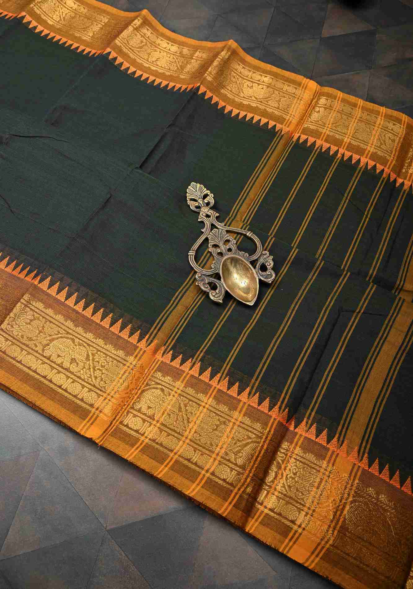 Bottle Green Kanchi Cotton Ready to Wear Saree with Contrast Zari Border | No Blouse piece