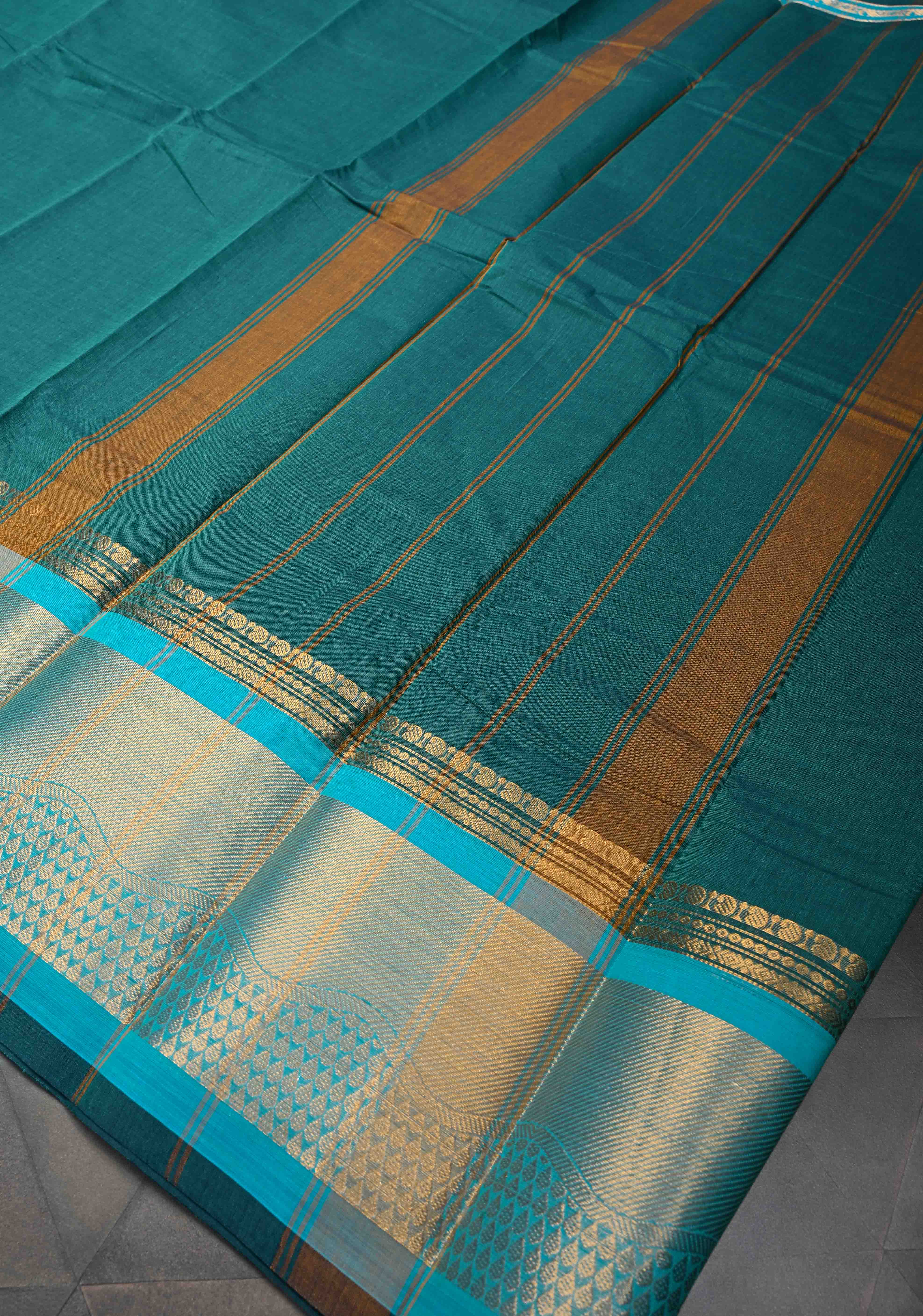 Rama Green Kanchi Cotton Saree with Zari Border | No Blouse piece | SHOBITAM