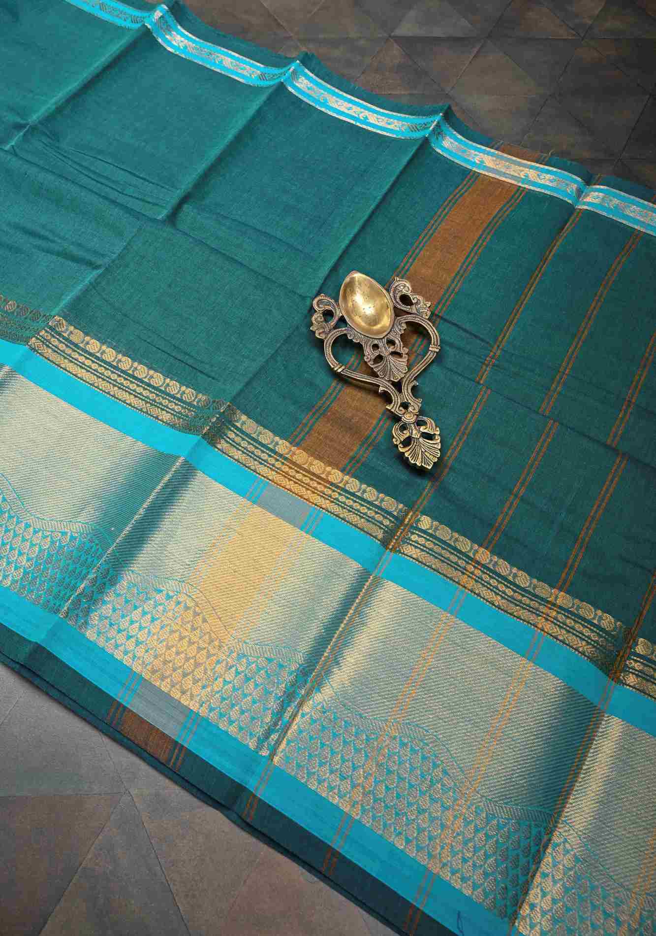 Rama Green Kanchi ready to wear Cotton Saree with Zari Border | No Blouse piece