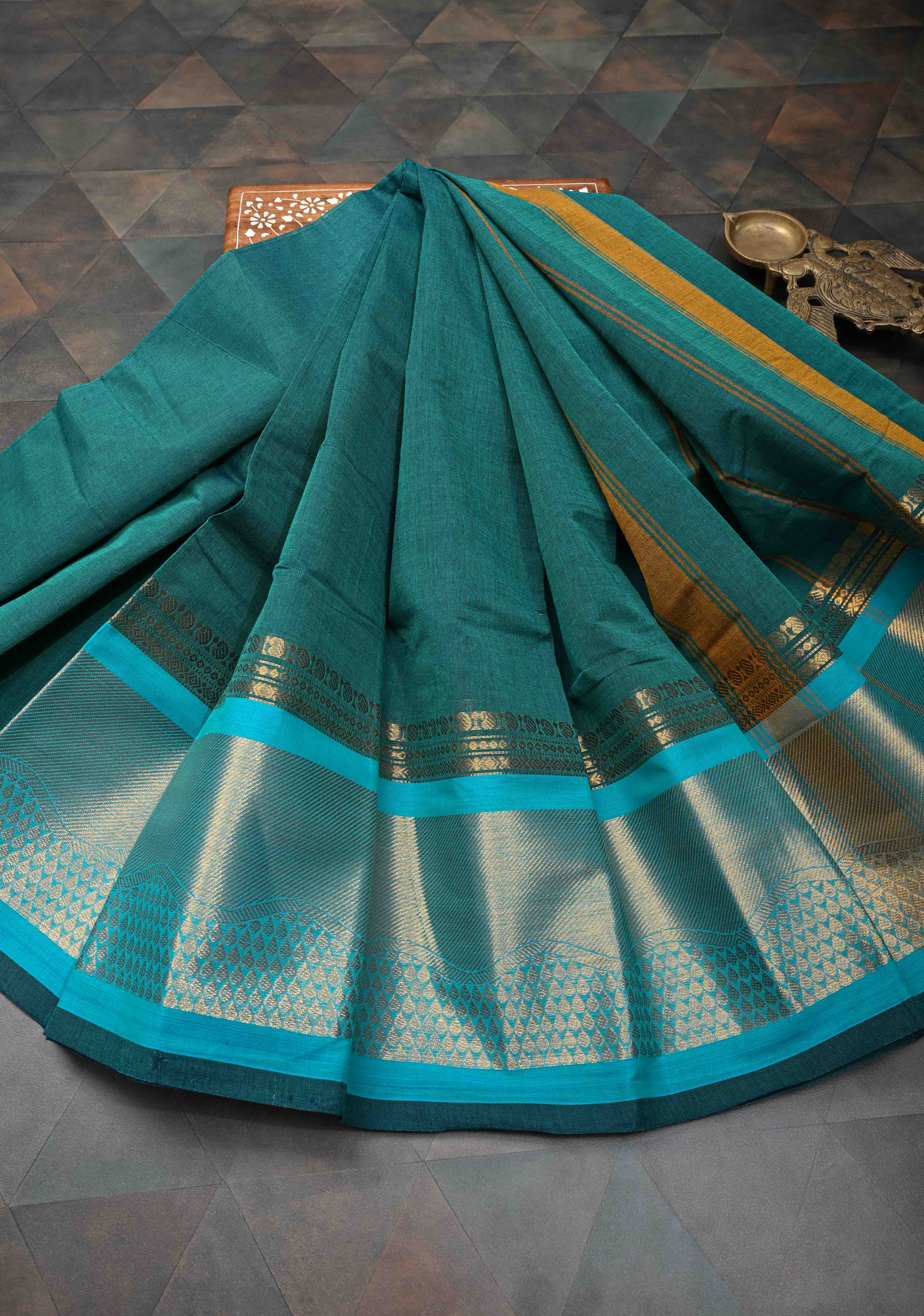 Rama Green Kanchi Cotton Saree with Zari Border | No Blouse piece | SHOBITAM