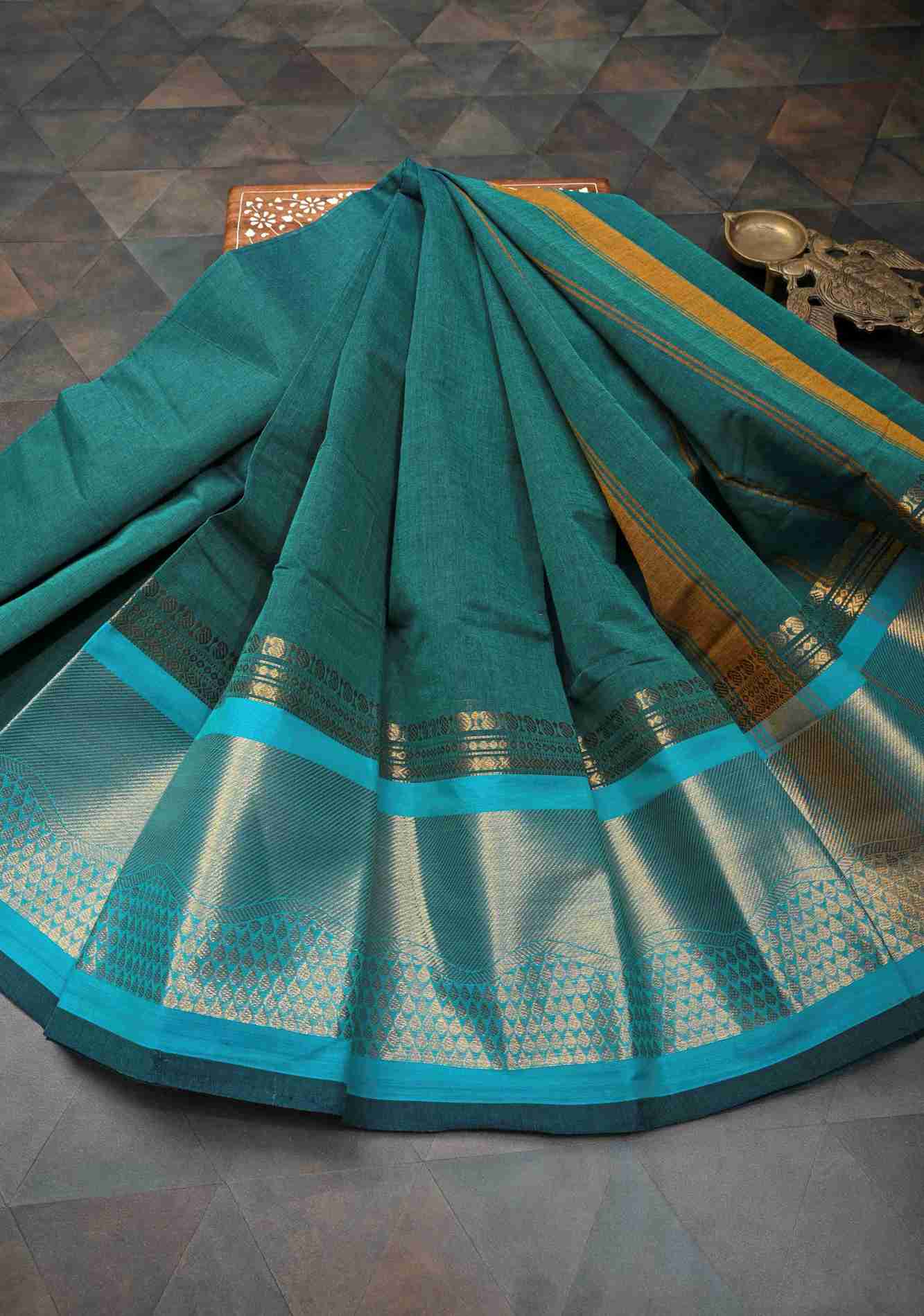 Rama Green Kanchi ready to wear Cotton Saree with Zari Border | No Blouse piece