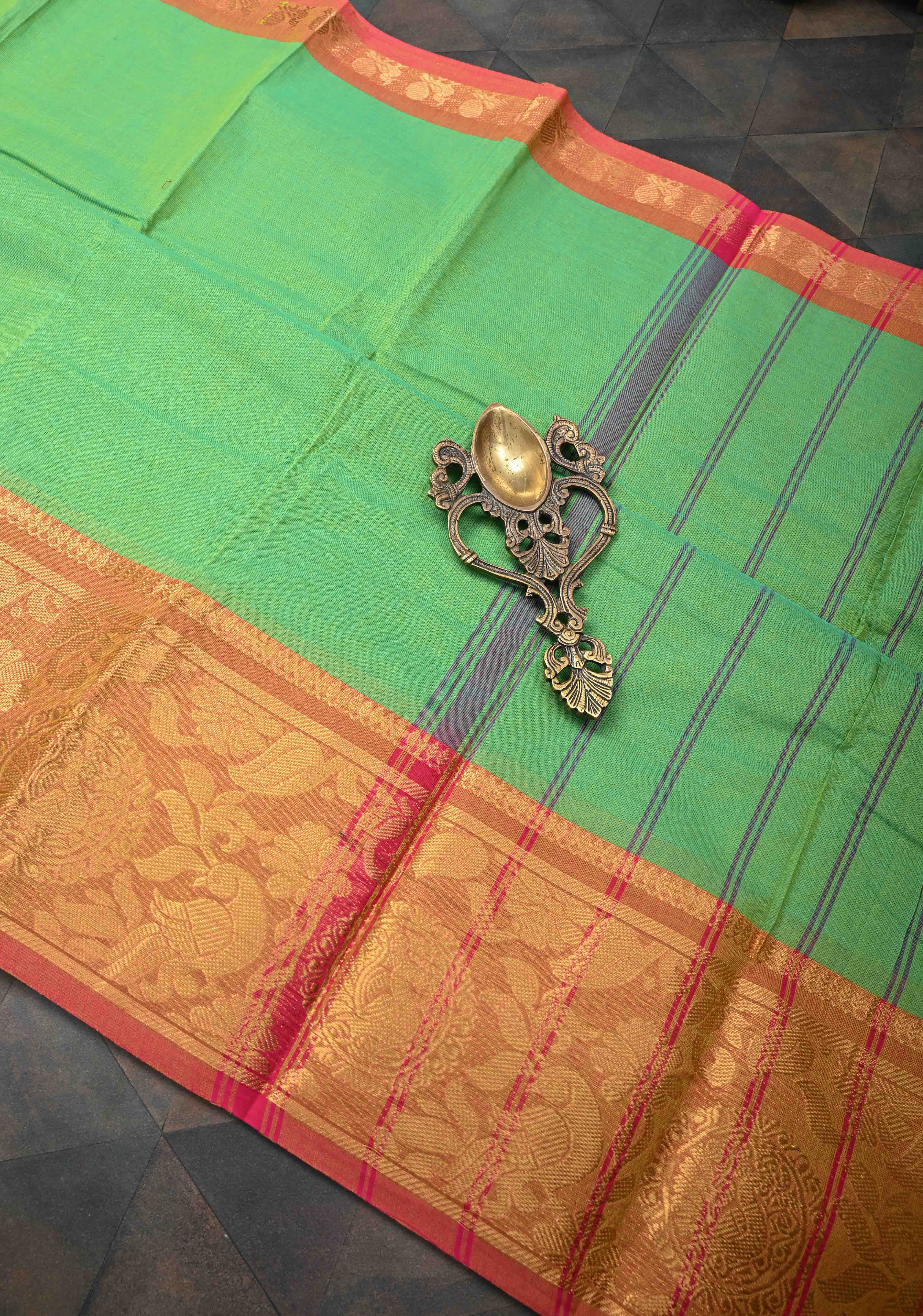 Neon Green Kanchi Cotton Saree with Contrast Zari Border | No Blouse piece | Shobitam